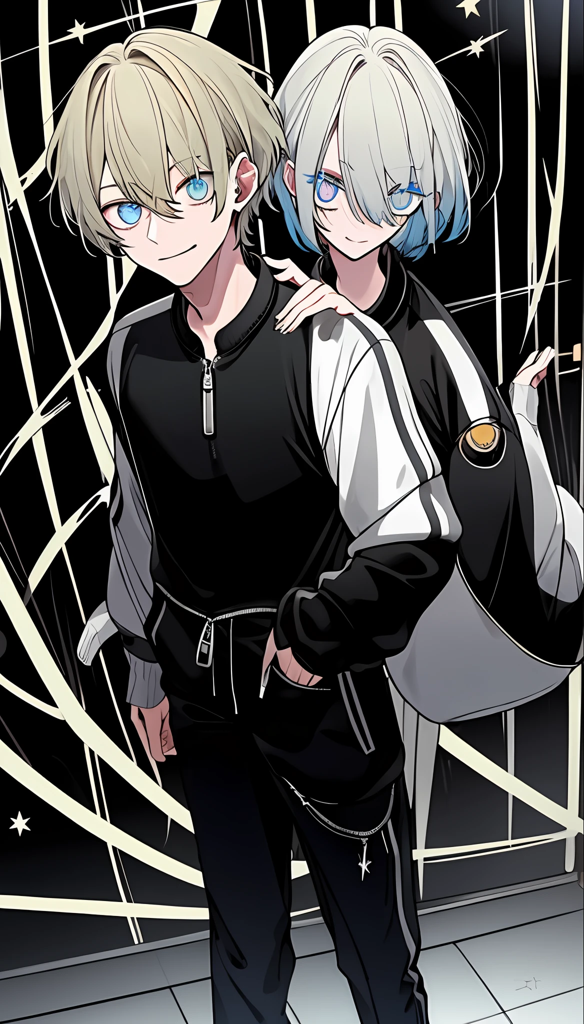 1boy, blonde hair, tall, very short hair, hair covering eye, hair over eye, right star shaped pupil, star shaped eyes, blue eyes, boy high school, hair covering left eye, bob cut hairstyle, creepy smile, black tracksuit spiky hair, long boy pants, boy shoes, star eyes, boy black tracksuit black pants, black long pants, boy hair, creepy face, spiky hair, standing straight, hand on hair