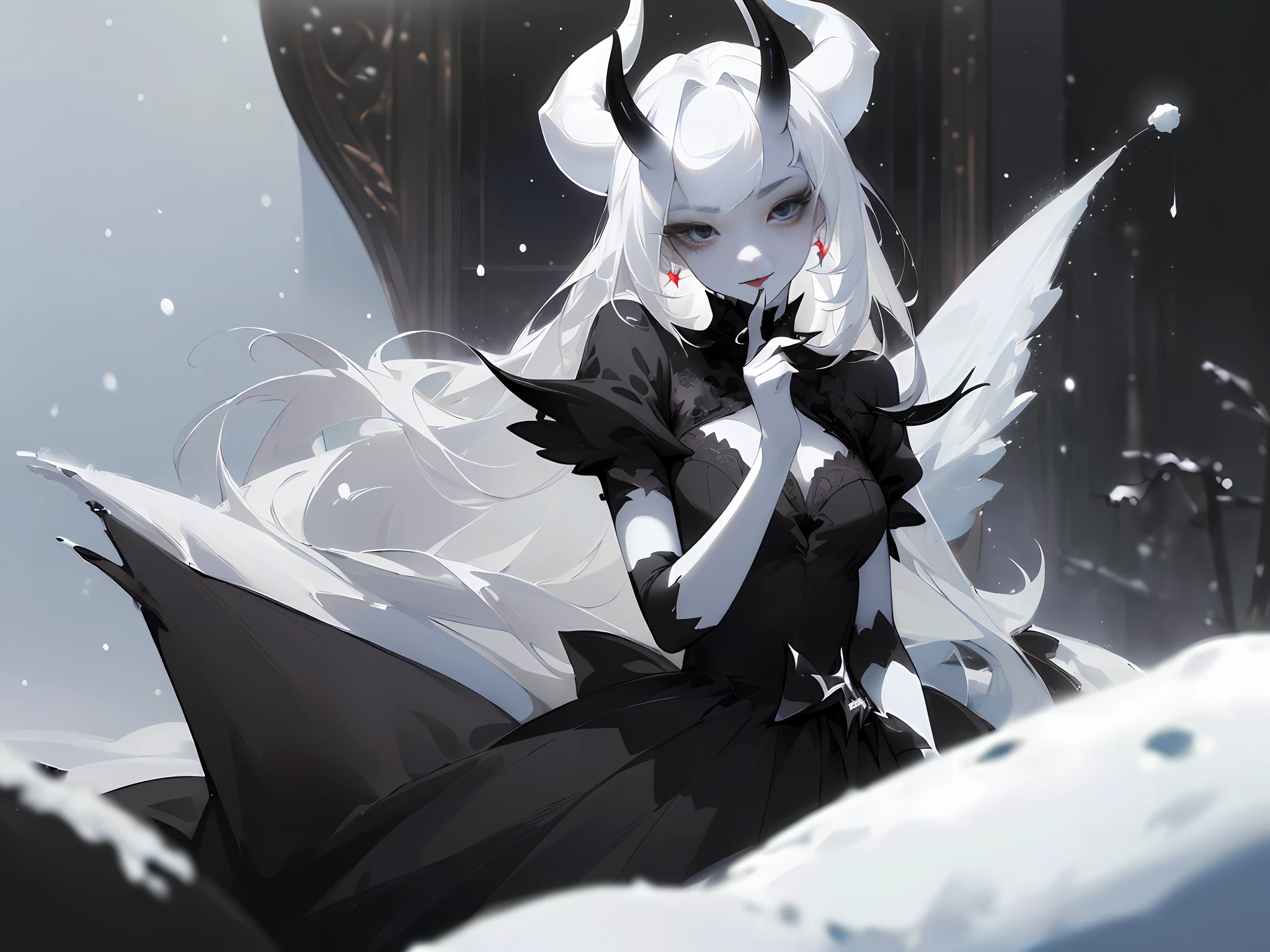 ((an exquisite masterpiece)), high resolution, best quality, pale skin, ((snow-white hair, striking black horns:1.1)), elegant black dress, ((subtle black make-up)), [ @style:(gothic, dark, elegance):0.7]