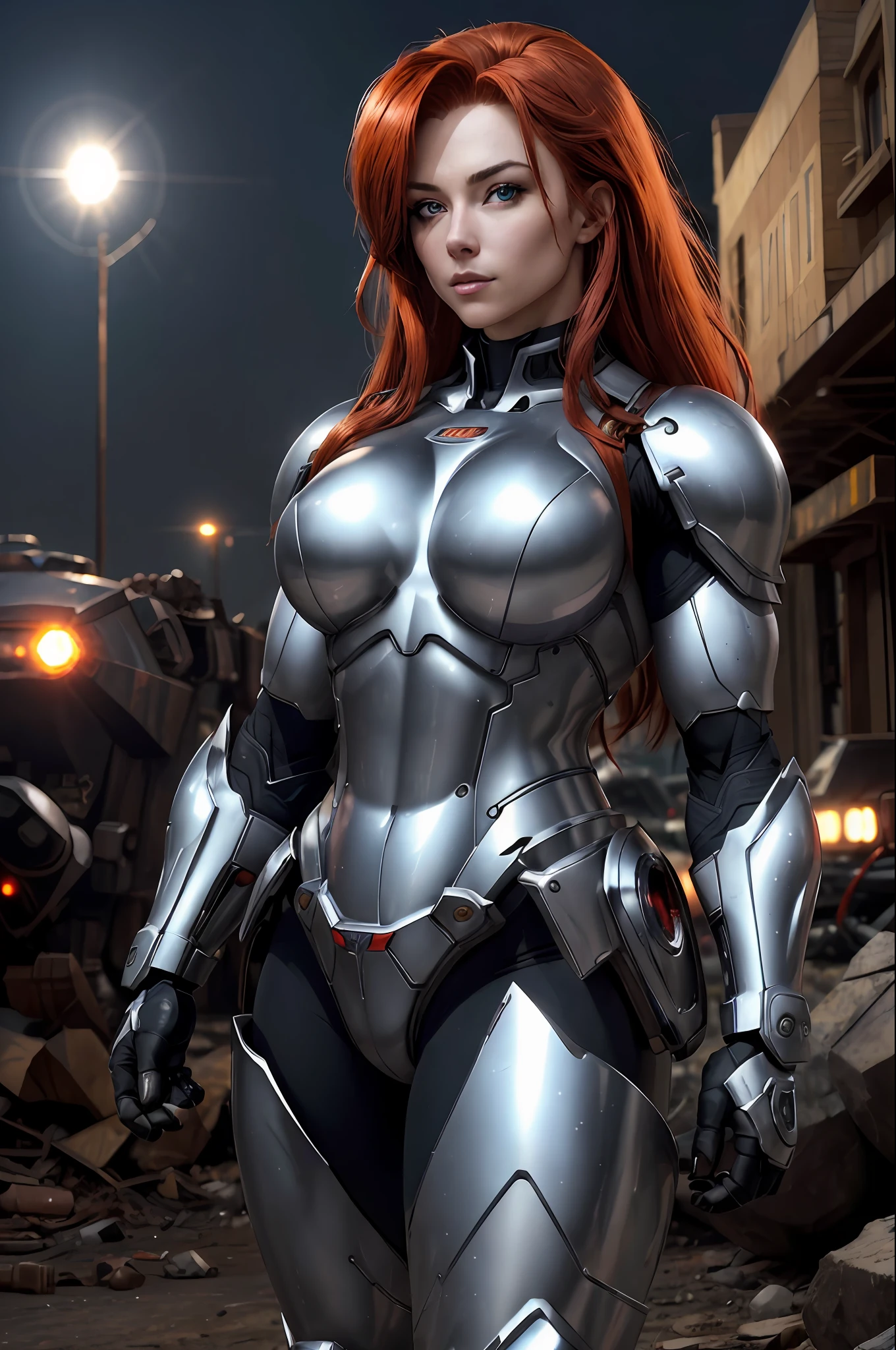 1 beautiful girl, mech, detailed armor, chrome, long red hair, perfect face, costume, bodybuilder, muscles, breasts, bright colors, police outfit, bokeh rubble background, night, subject for emphasis,black, silver, fog, dramatic colors, masterpiece, cosplay, realistic, (crowd: 1.1),