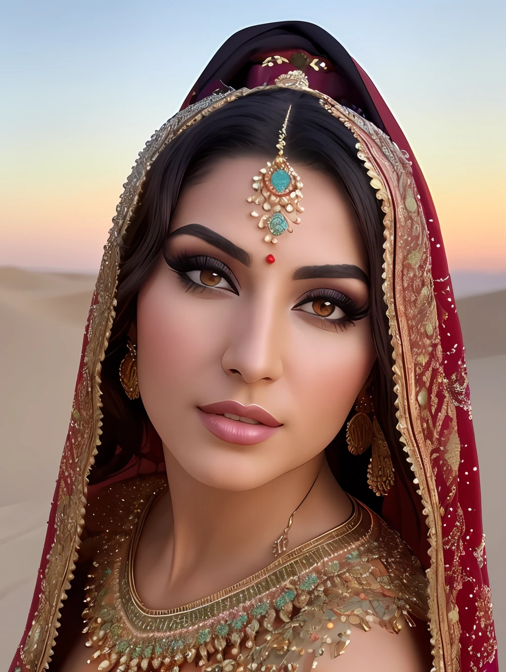 A photorealistic portrait of an insanely beautiful perfect body Persian woman dressed as a rich Belly dancer, wondering as she dances and looks slightly up at the sky in the desert, a colorized photo by Jesse Richards, instagram contest winner, maximalism, feminine , extremely beautiful, photograph, detailed symmetric realistic face, extremely detailed natural texture, peach fuzz, long messy windy hair, masterpiece, absurdres, nikon d850 film stock photograph, kodak portra 400 camera f1.6 lens, extremely detailed, amazing, fine detail, hyper realistic lifelike texture, dramatic lighting, unrealengine, trending on artstation, cinestill 800 tungsten, looking at the viewer, photo realistic, RAW photo, TanvirTamim, high quality, highres, sharp focus, extremely detailed, cinematic lighting, 8k uhd,-imagine-