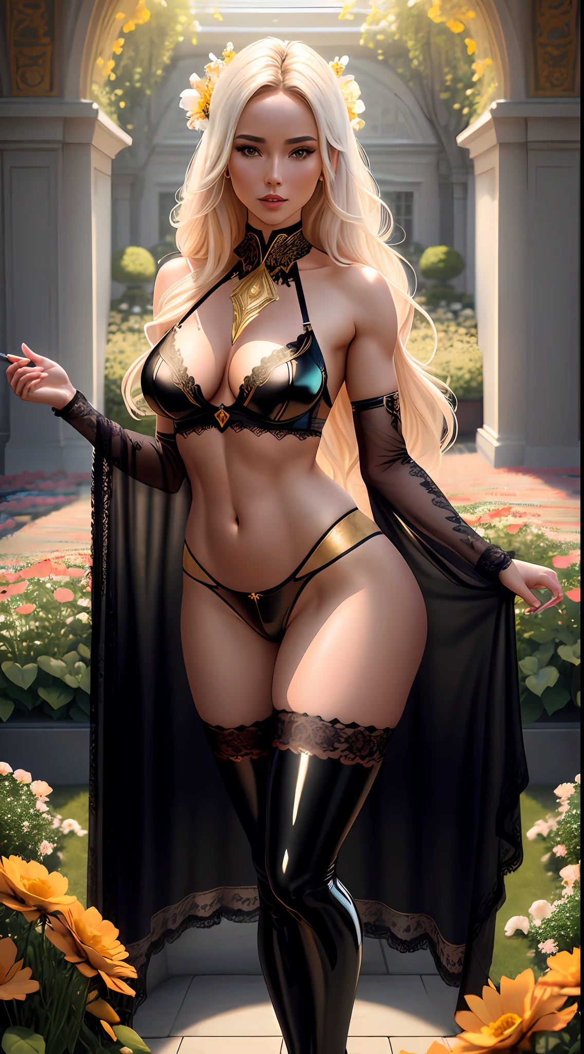hyper-realistic super-detailed body of a slender woman 30 years old in full growth, dainty little body, small breasts, chest size e, show through,  European, (latex lace black sexy underwear fashion show)), (poses standing with legs apart (in the flower garden)), body in oil, cleavage, many details on clothes, photo session, long hair, [:(detailed face:1.2):0.2], real perfect female anatomy, beautiful stomach, beautiful symmetrical face, beautiful natural make-up, anatomically correct hands, perfect facial anatomy, high-quality textures, Ultra Photorealistic, sharp focus, contrasting light, accurate rays, grainy skin, intricate detailing, professional color correction, digital art, High Detail, Depth of Field, HDR Realistic, Photorealistic, White Color Correction, Ultra Photorealistic, Super Detailed, Intricate Details, Full Color, Volumetric Lighting, High Contrast, Golden Hour Award Winning, Best Photo, fia Professional Photography, 4D Rendering, Octane Rendering, Popular on artstation, behance winner, erte 12k, super sharp focus, 64K, UHD, (ripped clothing:0.8), perfect face, looking at viewer, (detailed skin: 1.4), natural lighting, (direct light:0.2), 8mm film grain, photographed on a Sony a9 II, 24mm lens, F/1.8 aperture, deep focus, (RAW), 64k