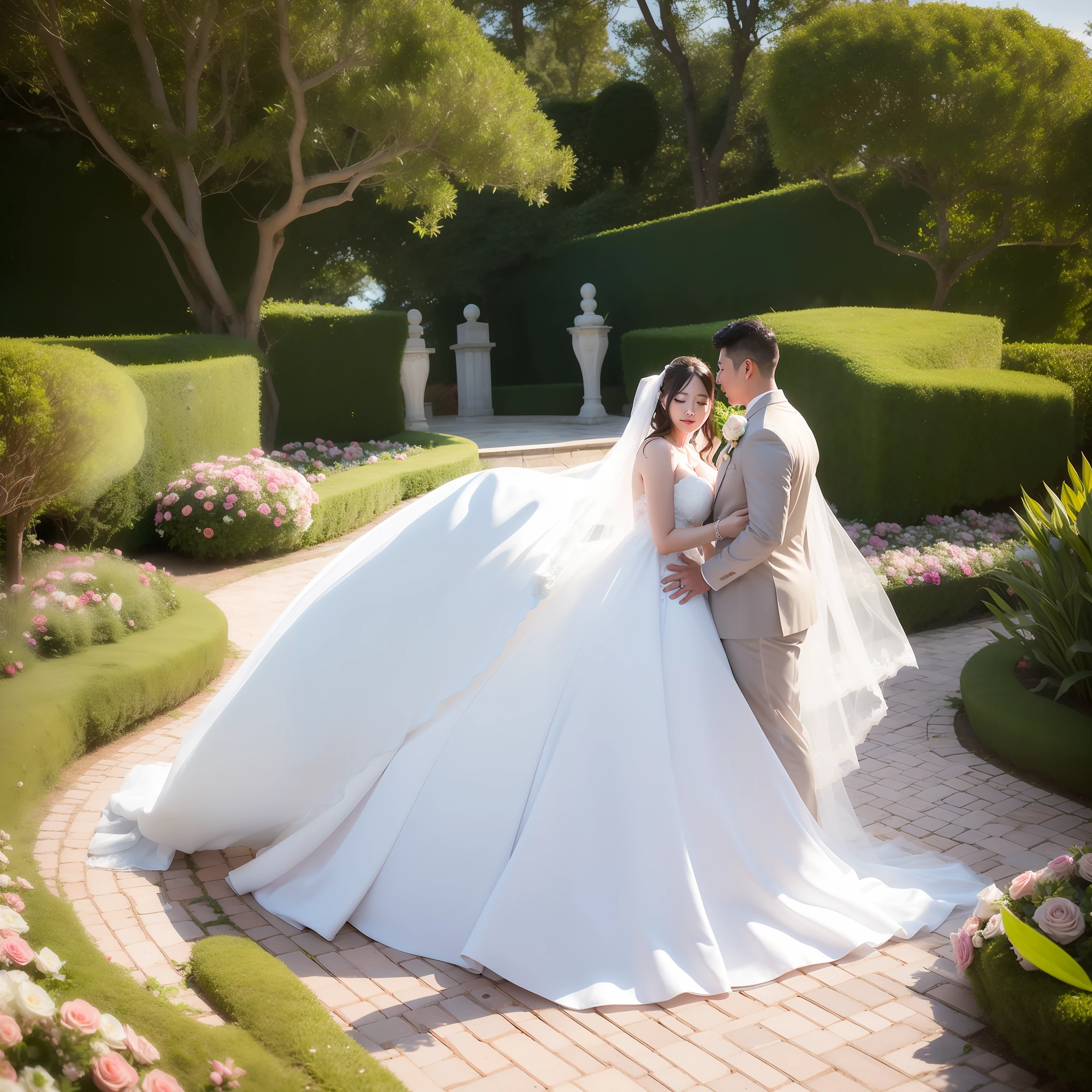 Latin bride and groom standing in a garden with hearts, professional wedding photography, wedding photography, fine outdoor photography, very magical and dreamy, & jeehyung lee & wlop, wedding photo, luxurious wedding, romantic storybook fantasy, dreamy and romantic, vegetation of hearts, f 2. 8 3 5 mm, F2.8 35 mm