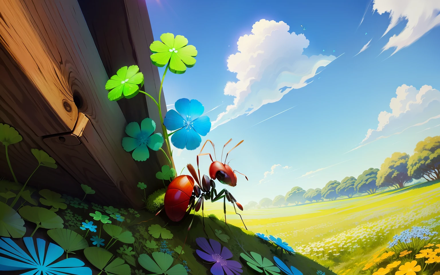 ant, clover, wood, blue sky