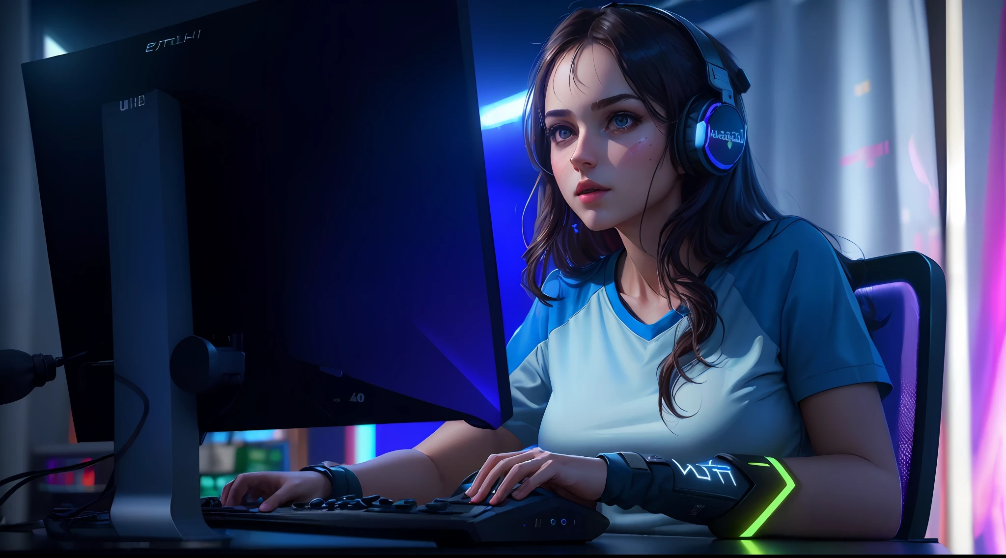 Catgirl, detailed hyperrealism face, beautiful face, Beautiful girl, female gamer, (playing game in the gaming room), R-cup breast, full body, (wear earphone rgb), Very detailed, 8k, dark tone, dark shadow, glow in the dark, gaming color grading, (HDR, UHD, 64k, best quality, RAW photograph, best quality, masterpiece:1.5),UHD, hd , 64k, hyperrealism, Very detailed, full body, hyperrealism, Very detailed, in hyperrealistic detail, A hyper realistic detailed full body image, highly detailed, digital painting, Trending on artstation, HD quality