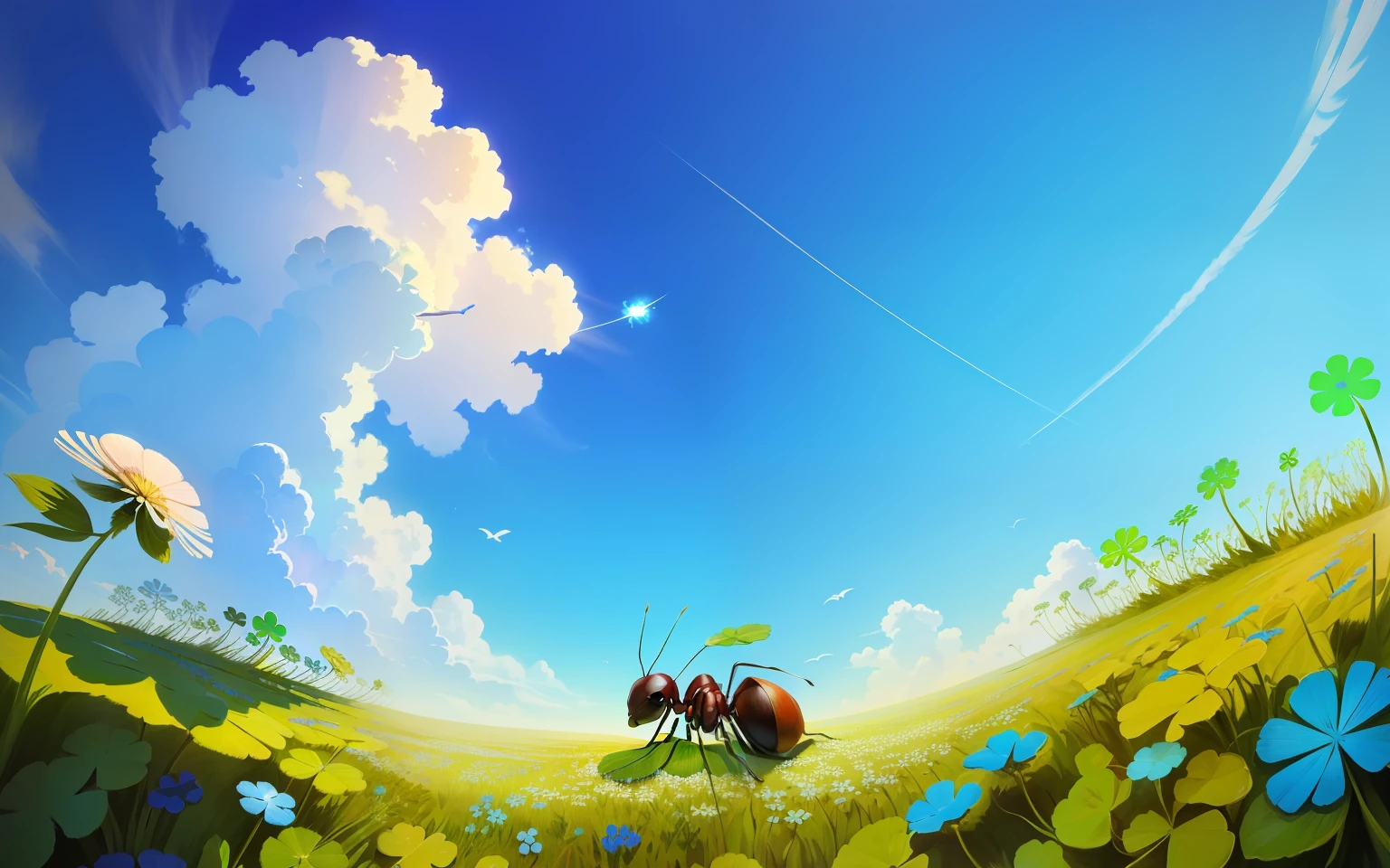 ant, clover, wood, blue sky