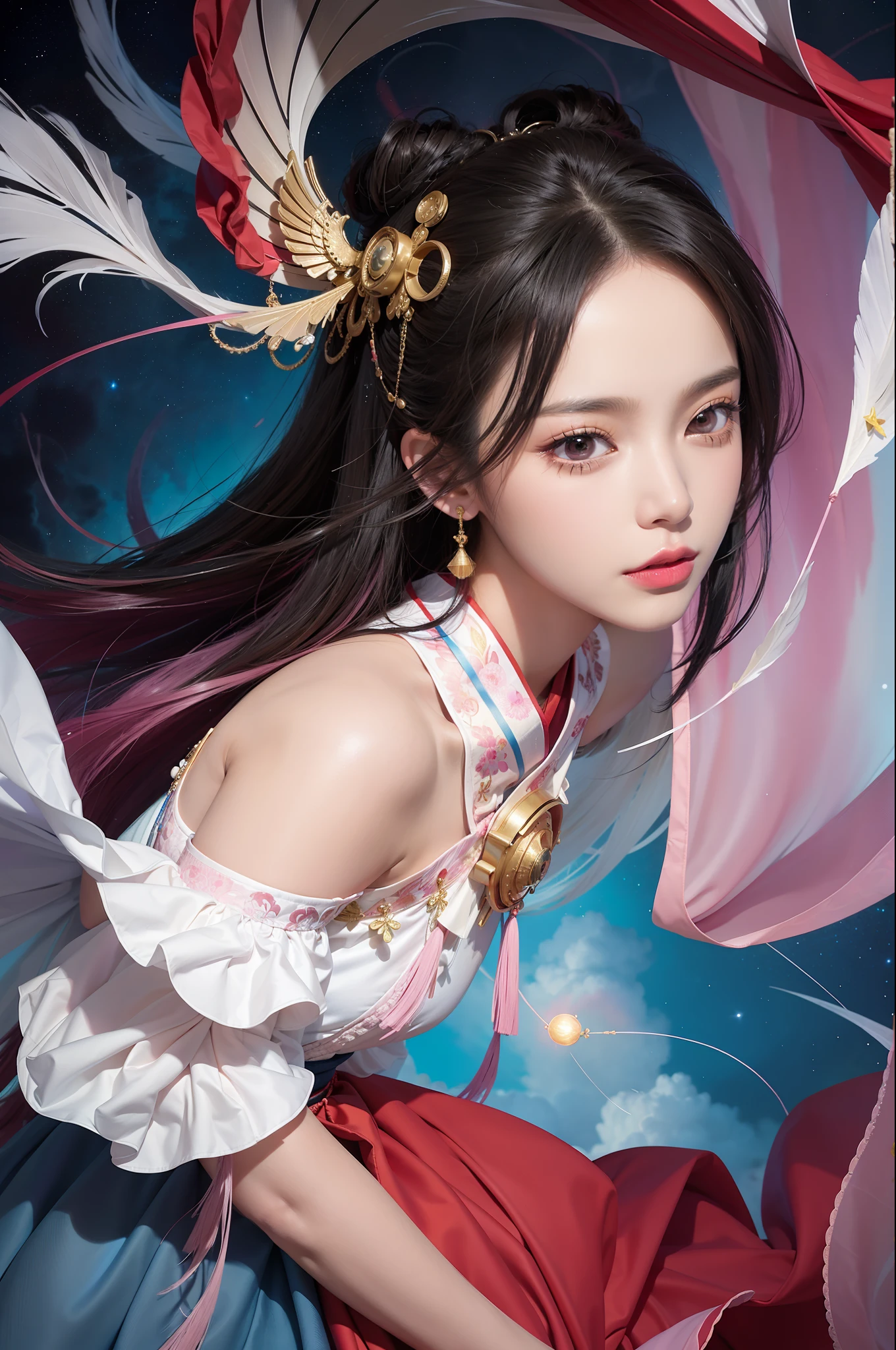 (Masterpiece, Top Quality, Best Quality, Extreme Detail, Supreme Detail, Official Art, Beauty and Aesthetics: 1.2), Colorful, Denim Shot, Upper Body Shot, Beautiful Face, Solo, Perfect Body, On Sky Clouds, Flying in the Sky, Portrait of a Girl, Silver Gradient Hair, (Black Hair| Pink hair: 1.2), fairy, flowing streamers, sexy, sun rays, clouds, full body, hanfu, chinese clothes, water, fireflies, night, starry sky, jewelry, feathers on dresses, peacock feathers, light particles, volumetric lighting, ray tracing (flowing streamers: 1.1), (fantasy novels: 1.2), illuminators, stars, fantasy, high contrast, ink strokes, overexposure, purple and red tone impressions, abstract, (watercolor paintings by John Berkey and Jeremiman)) brush strokes,