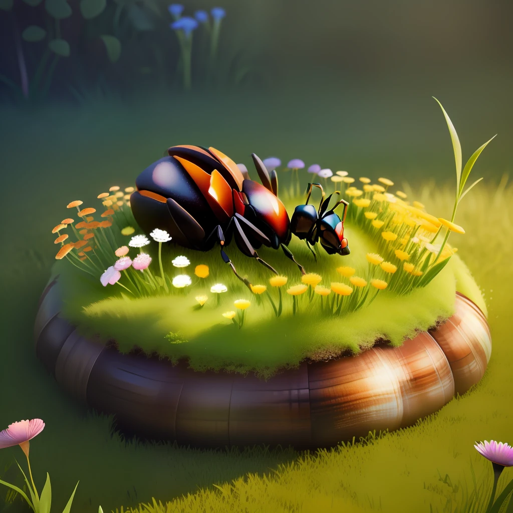 Garden ant nest. It consists of grass, mushrooms and flowers, Fantasy, 3d, beautiful