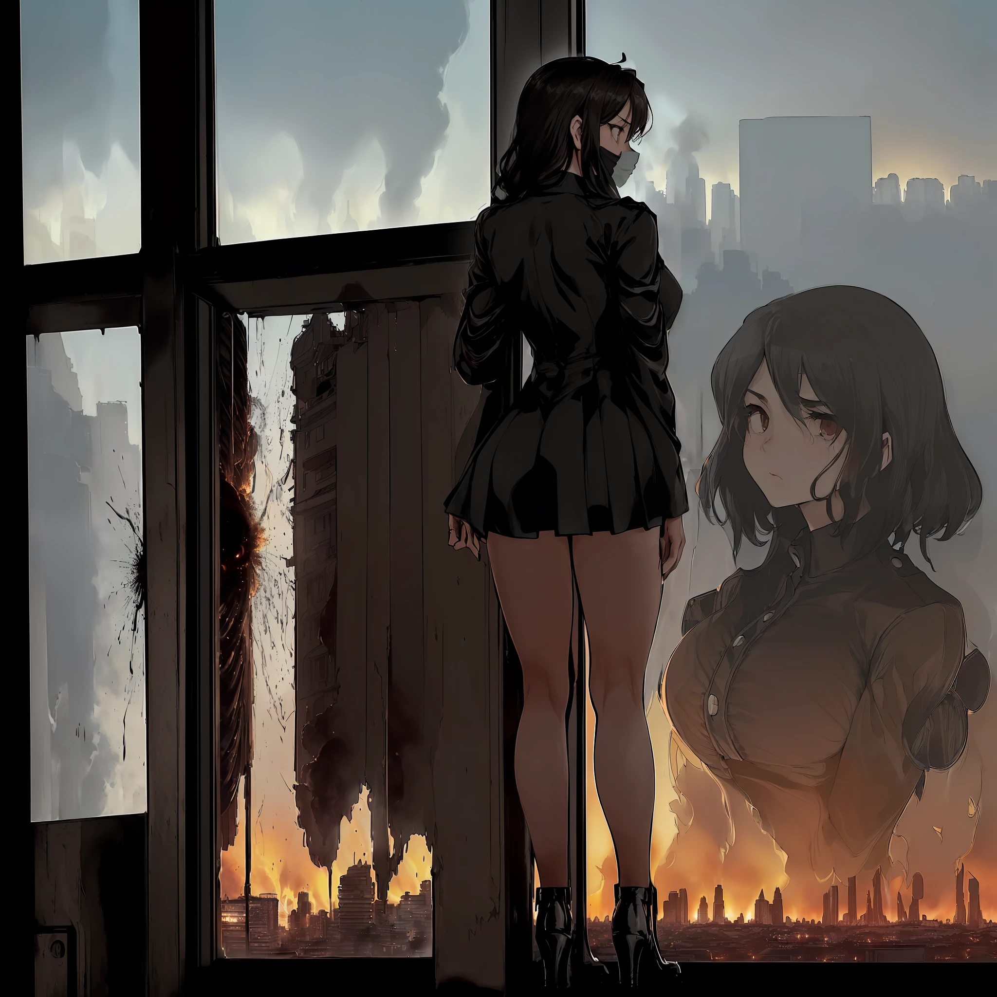 a afroHero (masterpiece, best quality), Female brunette, woman character, (((A scene unfolds as the protagonist gazes out the window, their eyes fixed on the distant cityscape. A mixture of curiosity and concern washes over their face as they witness a massive explosion lighting up the horizon. The city trembles in the wake of the blast, shrouded in smoke and chaos. Standing with their back to us, the character's silhouette frames the ominous scene, adding a sense of anticipation and mystery to the moment))), (comic style artwork with perfect anatomy), perfect body, transparent wet ultrathin white dress shirt unbuttoned, black knee high tights, (black short miniskirt), highly detailed--no outline