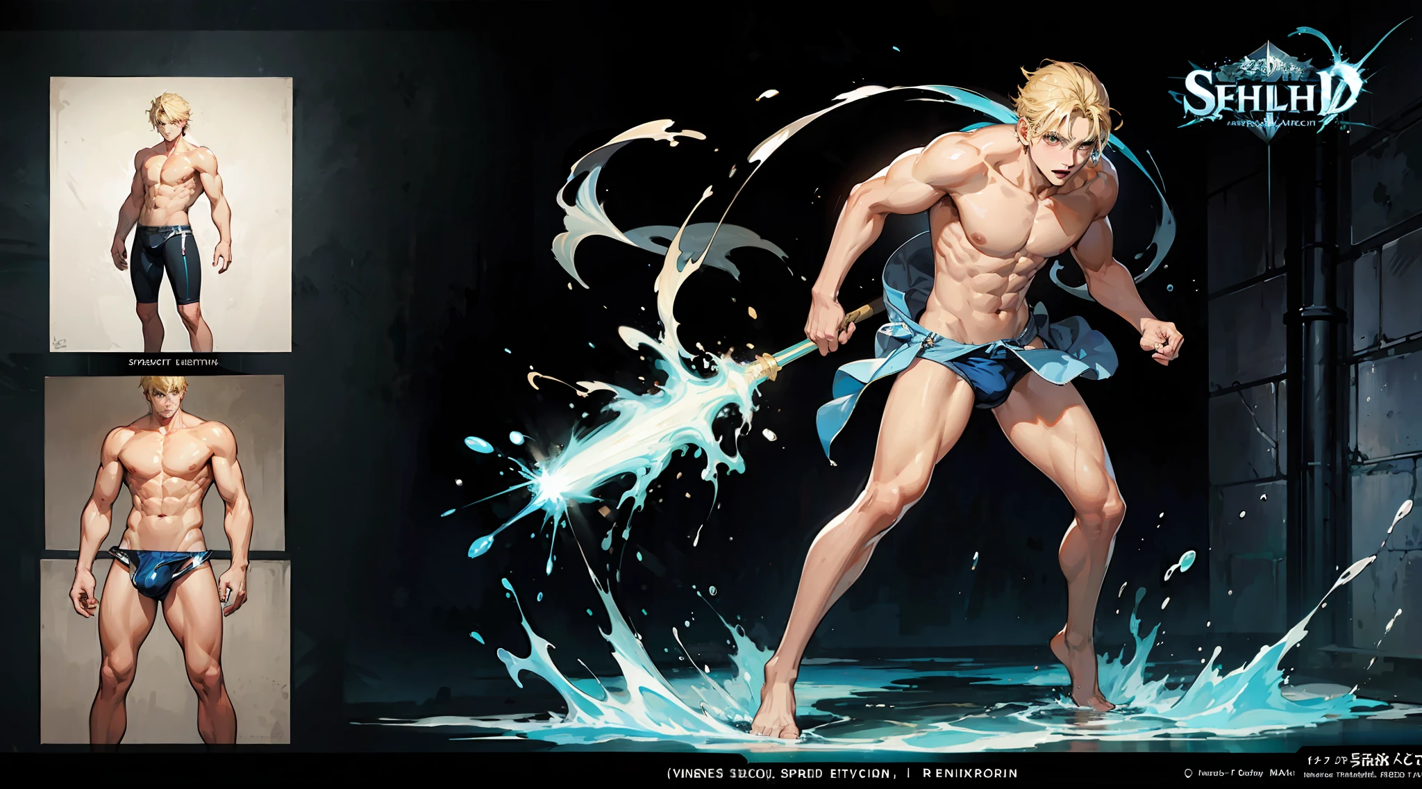 ((official art)), ((concept art)), ((splash art)), naked man, solo, only underpants, blond, skinny, muscular, shower, water effect