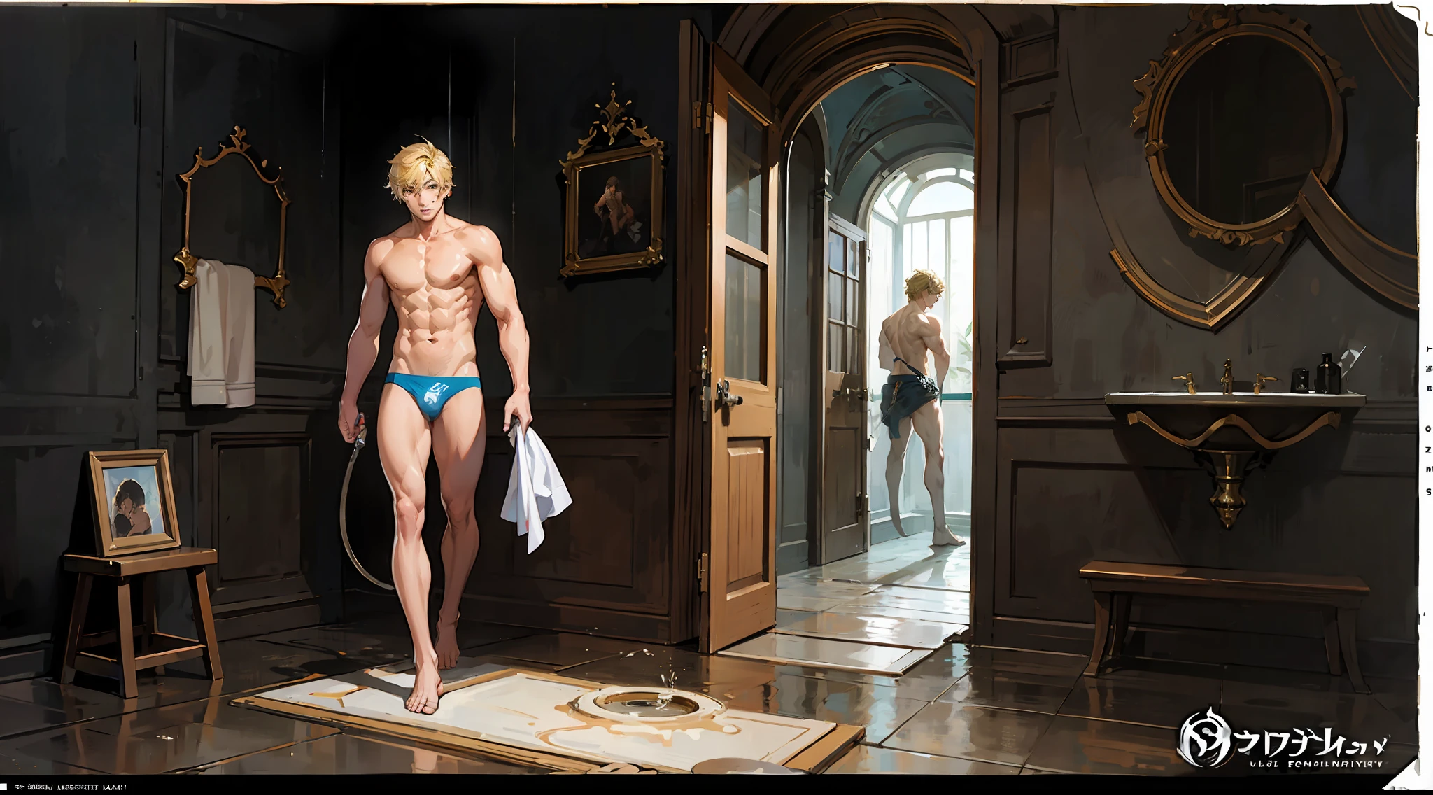 ((official art)), ((concept art)), ((splash art)), naked man, solo, only underpants, blond, skinny, muscular, shower, water effect
