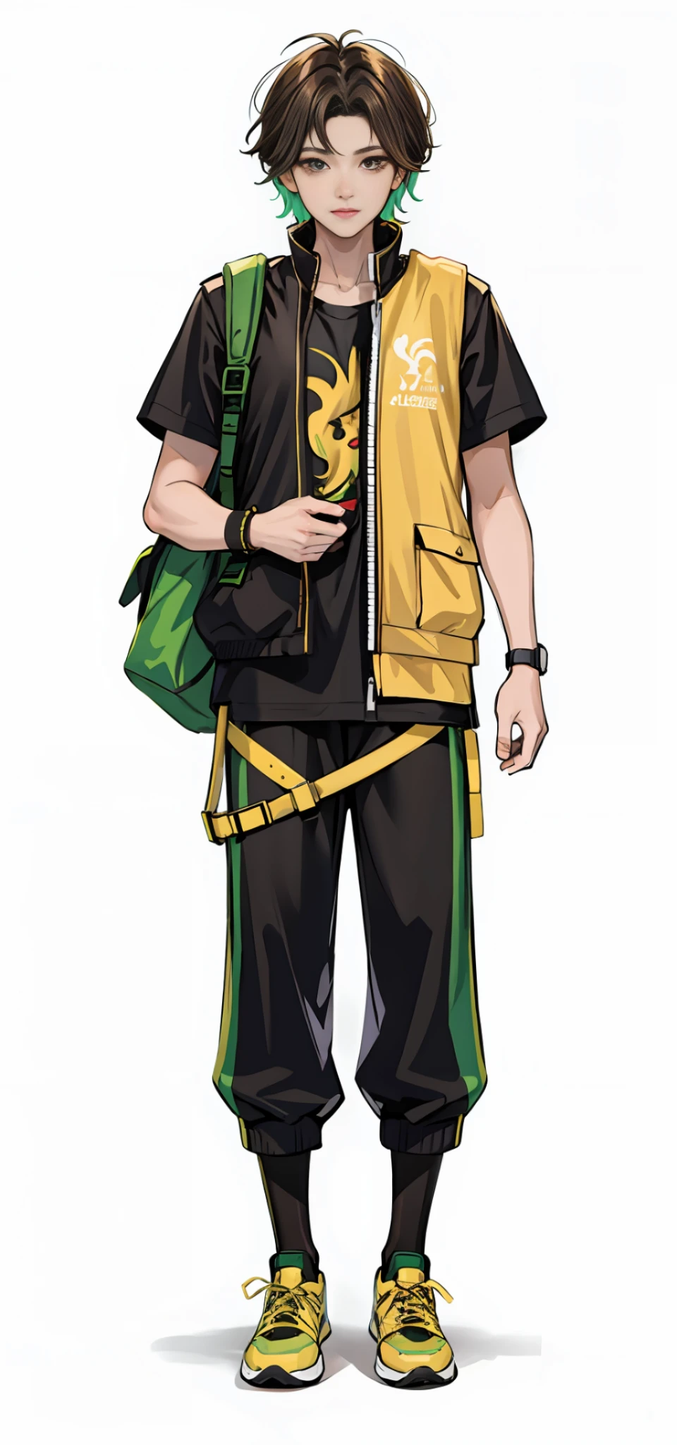 male, vertical painting, natural light, global light, front view, fashion, gold dragon pattern, pattern, clothing, sophisticated, generate more detail, light green hair, dark green vest, light green t-shirt, black shorts, sneakers, black backpack, brown hair, short hair, modern, anime style, anime, modern, futuristic, first-person perspective, panorama, concept art, uhd, masterpiece, ccurate, textured skin, super detail, high detail, high quality, best quality, high resolution, no background, White background