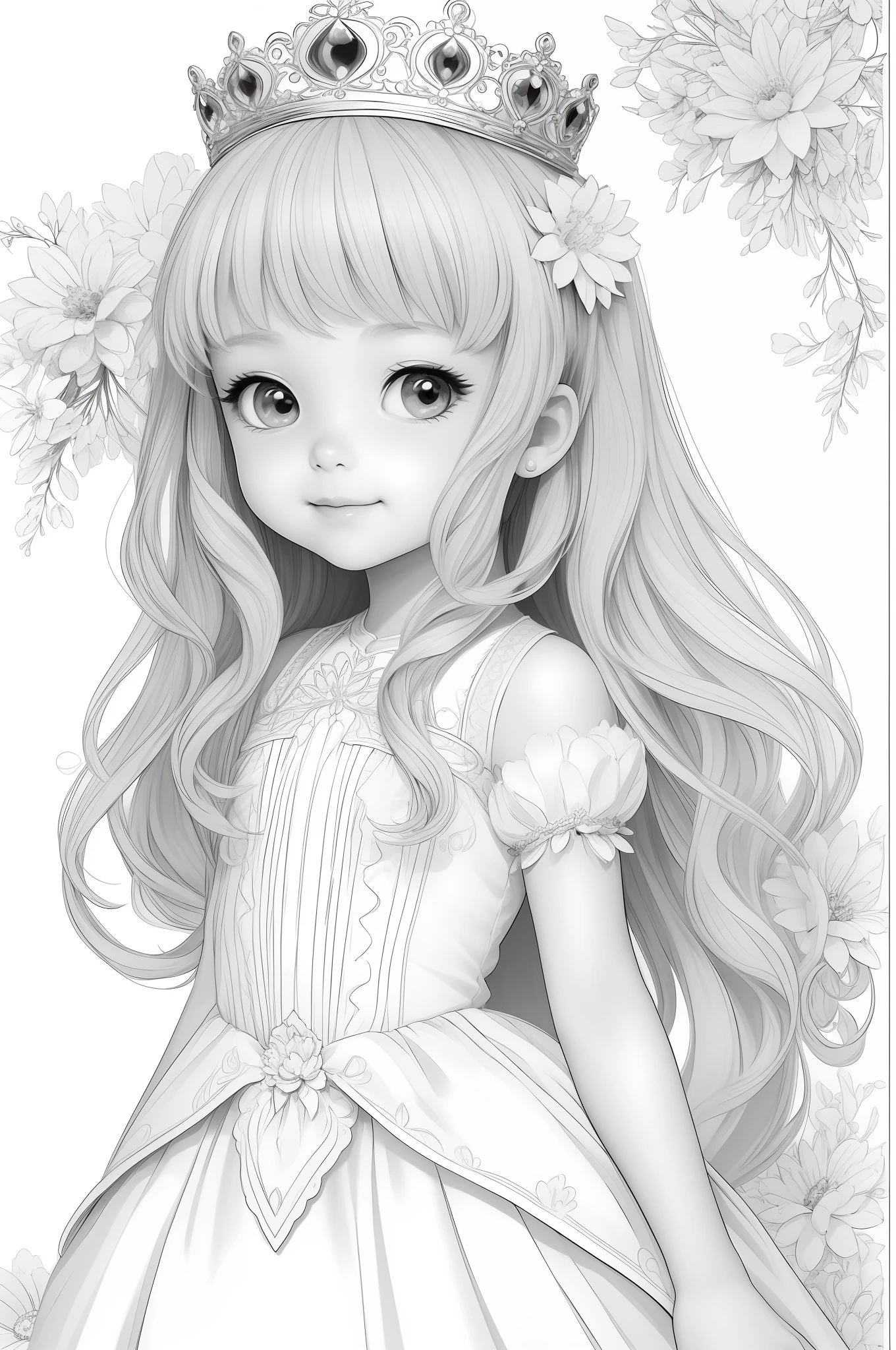 Cute little princess, stunnibg girl,   masterpiece, best quality, lineart, monochrome, white background, black and white, coloring book for children, on paper, full page, free lines, art line high detailed, to print, perfect anatomy, ((white background)), flowers.