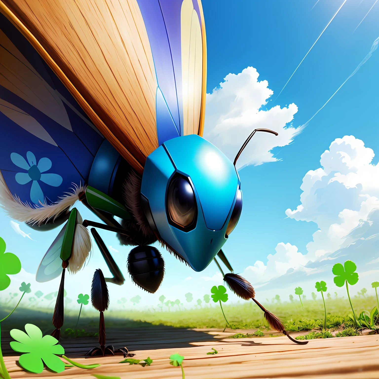 ant warrior, clover, wood, blue sky