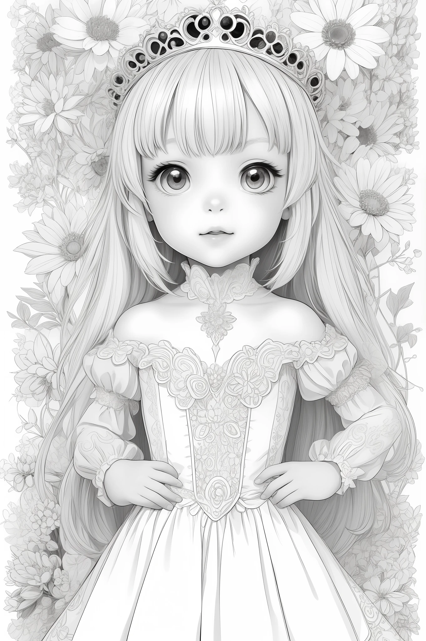Cute little princess, stunnibg girl, masterpiece, best quality, lineart, monochrome, white background, black and white, coloring book for children, on paper, full page, free lines, art line high detailed, to print, perfect anatomy, ((white background)), flowers.