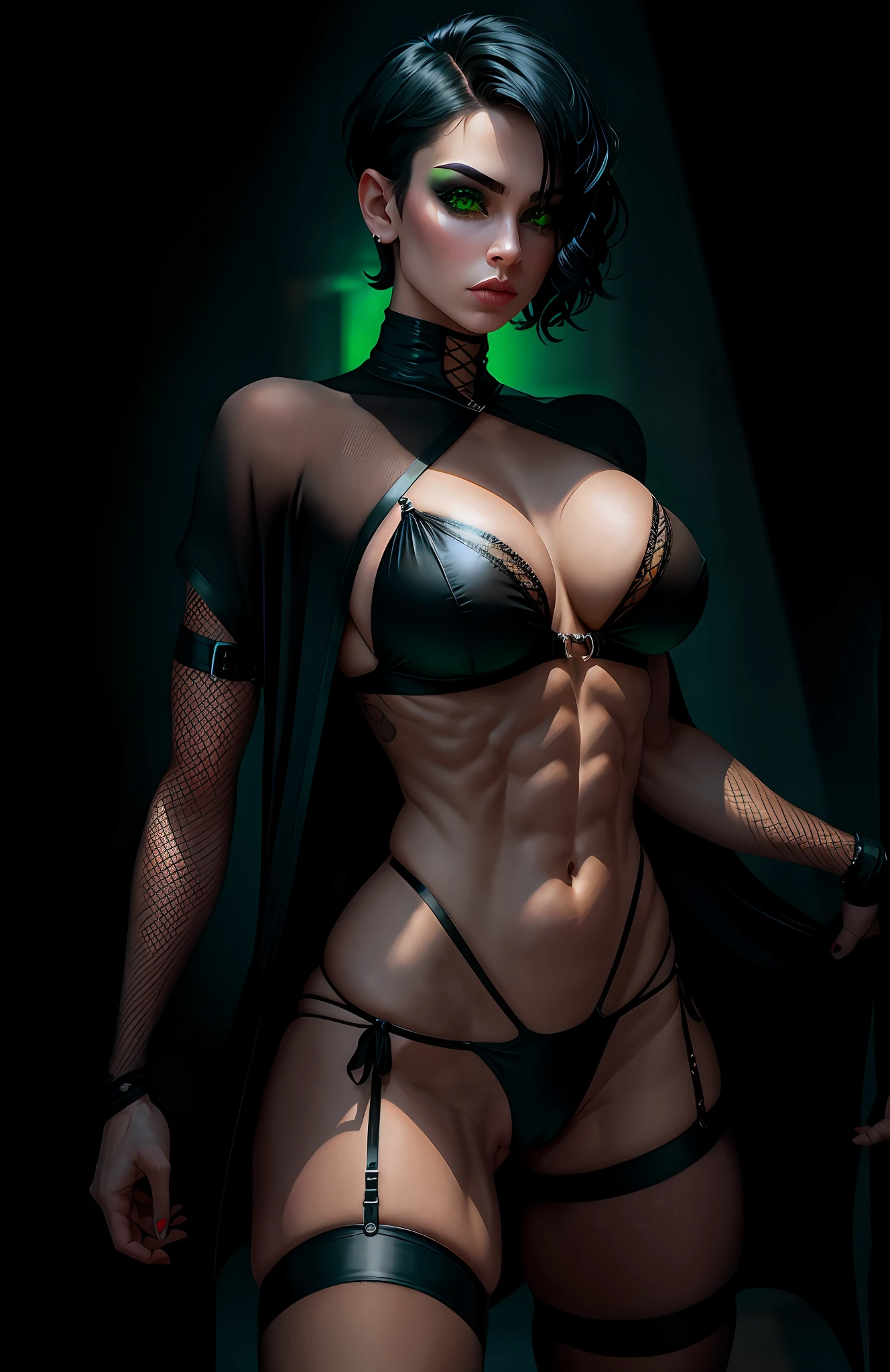 a goth girl, pretty face, serious face, short hair, green eyes, perfect body, fit body, muscular abdomen, big breasts, muscular, small black thong, fishnets stockings, extra small bikini, full body, combat boots. robe