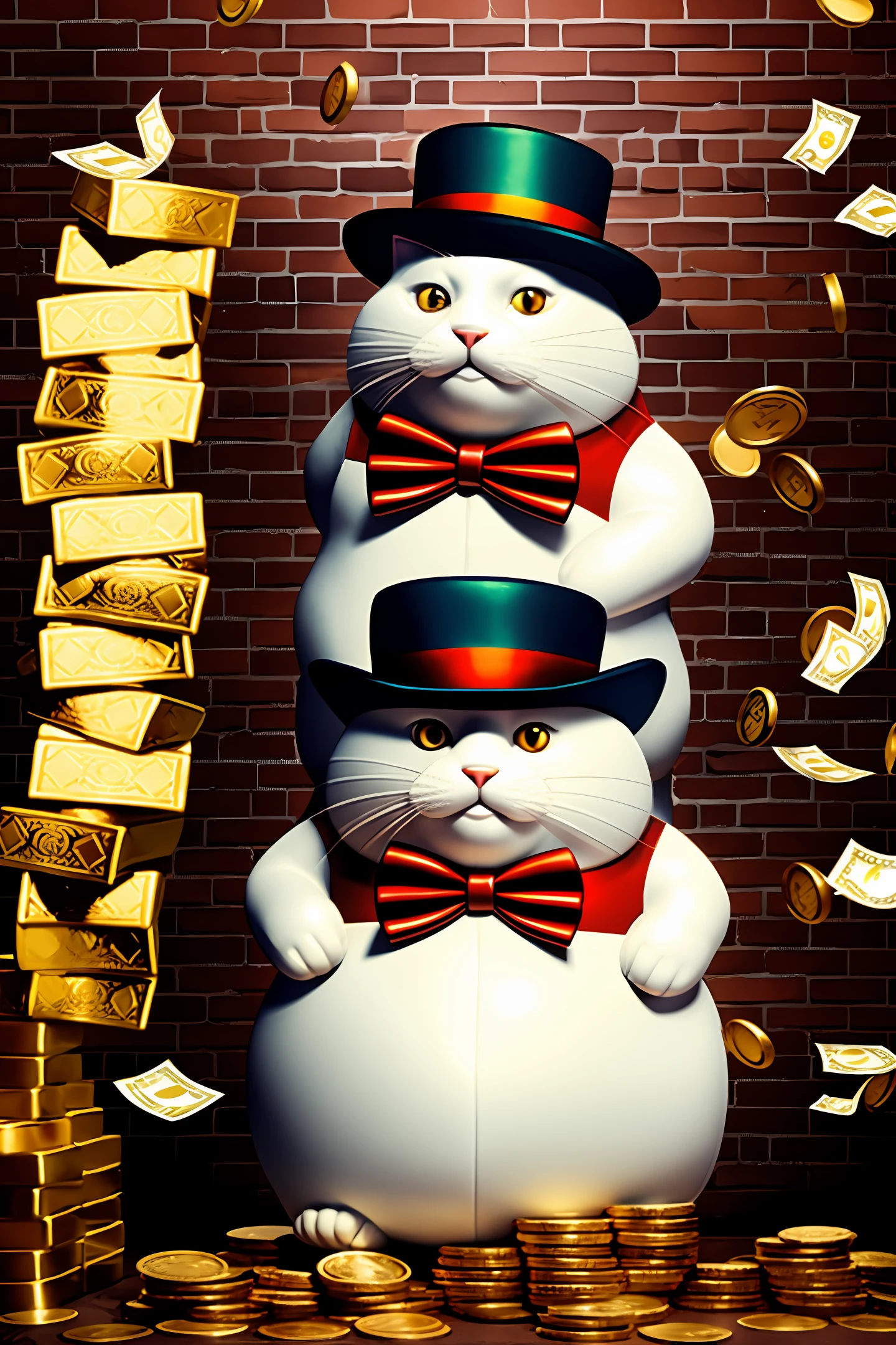 smirking fat cat wearing suspenders and baker boy hat that is tossing coin surrounded by overflowing sack of gold and money bills hanging around beside a brick wall on an anthill, dark ambience, digital art