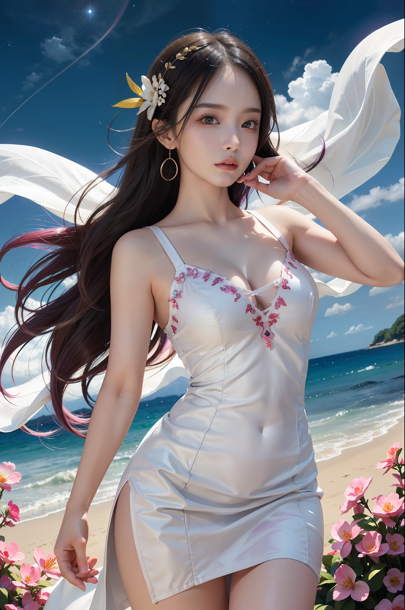 (Masterpiece, Top Quality, Best Quality, Extreme Detail, Supreme Detail, Official Art, Beauty and Aesthetics: 1.2), Colorful, Denim Shot, Upper Body Shot, Beautiful Face, Solo, Perfect Body, On Sky Clouds, Flying in the Sky, Portrait of a Girl, Silver Gradient Hair, (Black Hair| Pink hair: 1.2), fairy, flowing streamers, sexy, sun rays, clouds, full body, hanfu, Chinese clothes, white dress, water, fireflies, night, starry sky, jewelry, feathers on dresses, peacock feathers, light particles, volumetric lighting, ray tracing (flowing streamers: 1.1), (fantasy novels: 1.2), illuminators, stars, fantasy, high contrast, ink strokes, overexposure, purple and red tone impressions, abstract, (watercolor paintings by John Burkey and Jeremiman)) brush strokes,