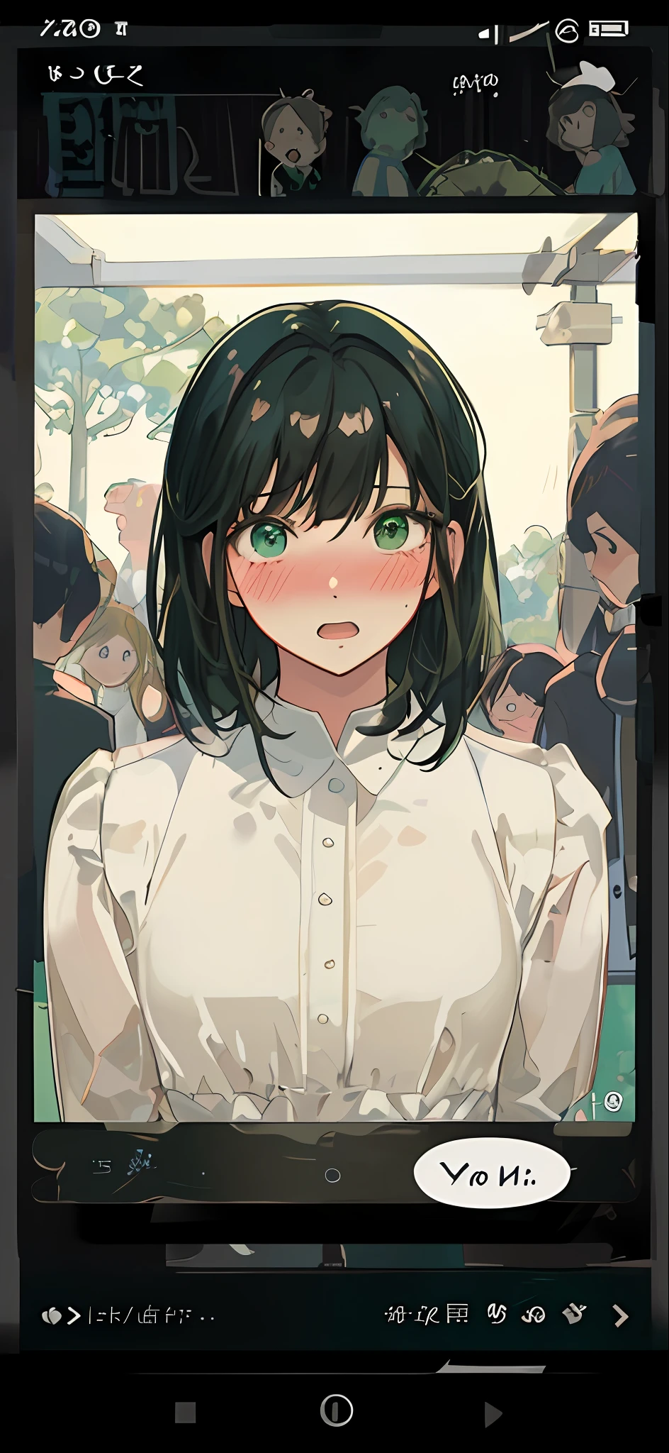 best quality, masterpiece, upper body,
woman,
windblown black hair, medium hair,
emerald eyes,
modern strapless dress, surprised, blushing, comic