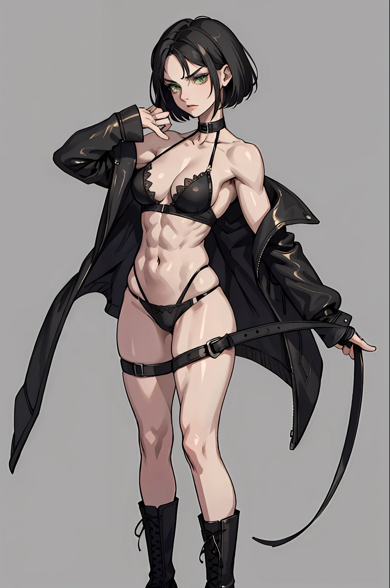 a goth girl, pretty face, serious face, short hair, perfect green eyes, perfect body, fit body, muscular abdomen, big breasts, muscular, small black thong, extra small, full body, combat boots. robe