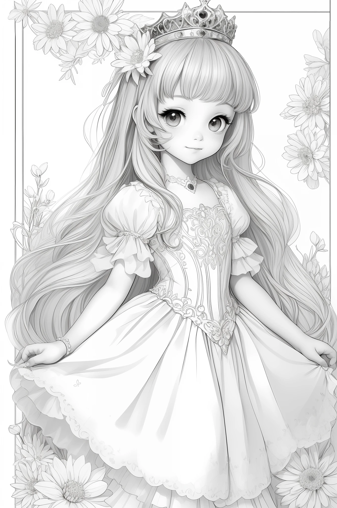 Cute little princess, stunnibg girl, masterpiece, best quality, lineart, monochrome, white background, black and white, coloring book for children, on paper, full page, free lines, art line high detailed, to print, perfect anatomy, ((white background)), flowers., 2d.