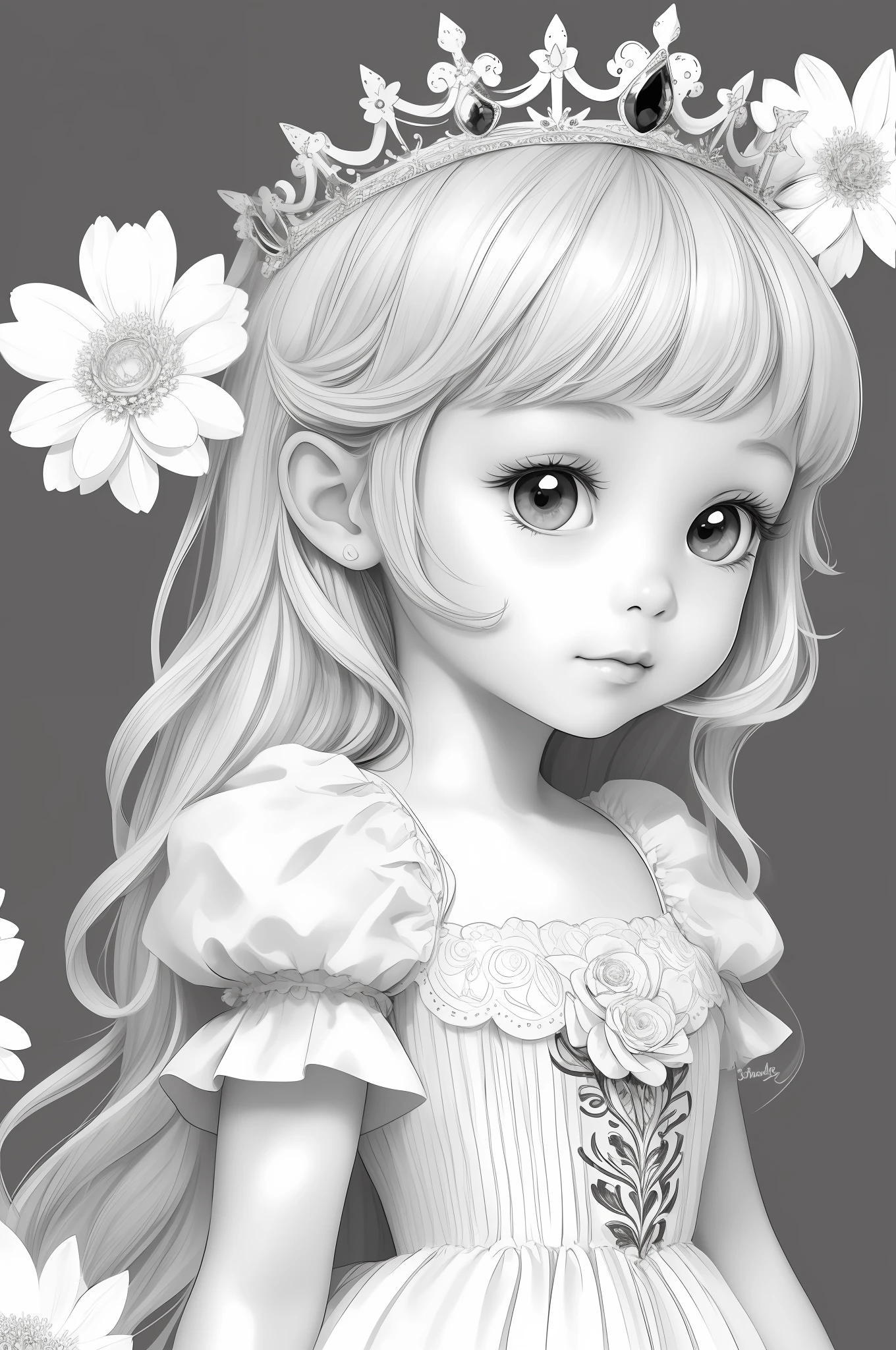 Cute little princess, stunnibg girl, masterpiece, best quality, lineart, monochrome, white background, black and white, coloring book for children, on paper, full page, free lines, art line high detailed, to print, perfect anatomy, ((white background)), flowers., 2d.