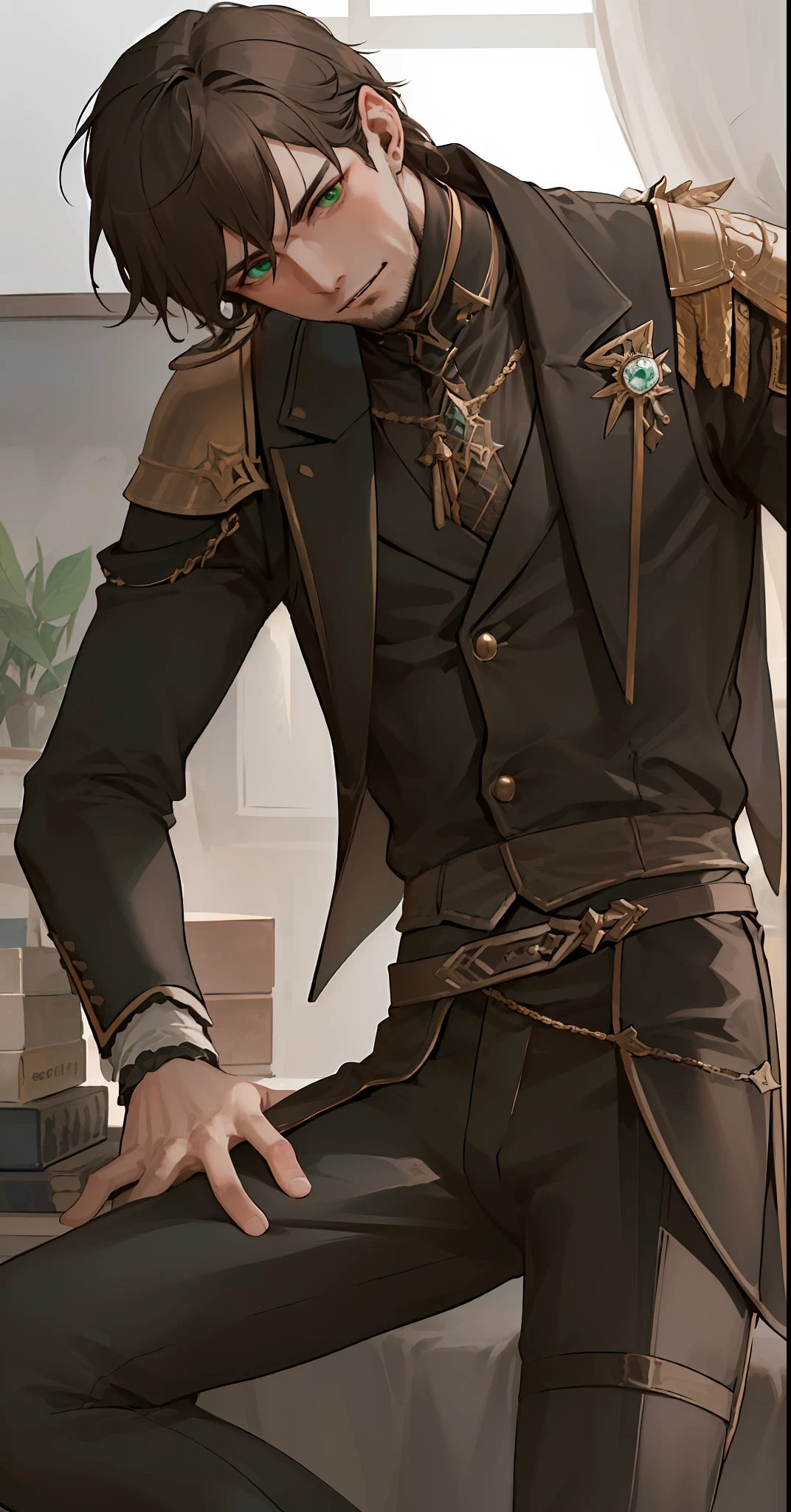 An extremely detailed and realistic depiction of a tall, muscular male vampire with shoulder-length dark brown hair, wearing a black gothic outfit. His emerald green eyes are piercing and captivating, perfectly complementing his sharp, handsome features. The gothic background is dark and moody, setting the perfect tone for this stunning masterpiece.