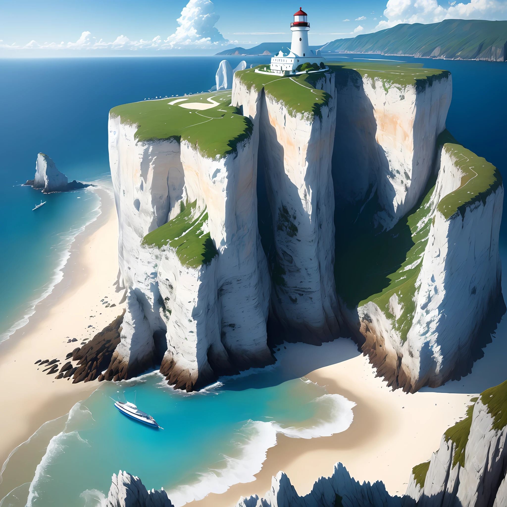 (masterpiece, best quality: 1.1), wide angle, from below, (white cliff), mountain, blue ocean, low tide, waves, rocky beach, trajectory, seagull, horizon, breeze, summer, morning, clear sky, clouds, calm, fresh air, sailboat, lighthouse, depth of field
