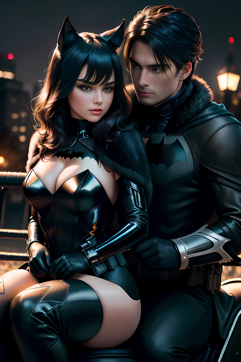 batman and catwoman riding together on the same horse ((a beautiful, strong, shiny fur, black and expressive eyes, Black Steed)), Batman is riding bareback without a saddle on the Black Corvel and Catwoman is sitting in front of him on the Black Steed, are riding in Gotham city municipal park, a beautiful couple on valentine's day, realistic, high definicion, ultra resolution, ultra definicion, detailed, Fujifilm XT3, Dark ilumination, intensity, dramatic, romantic, 64k,