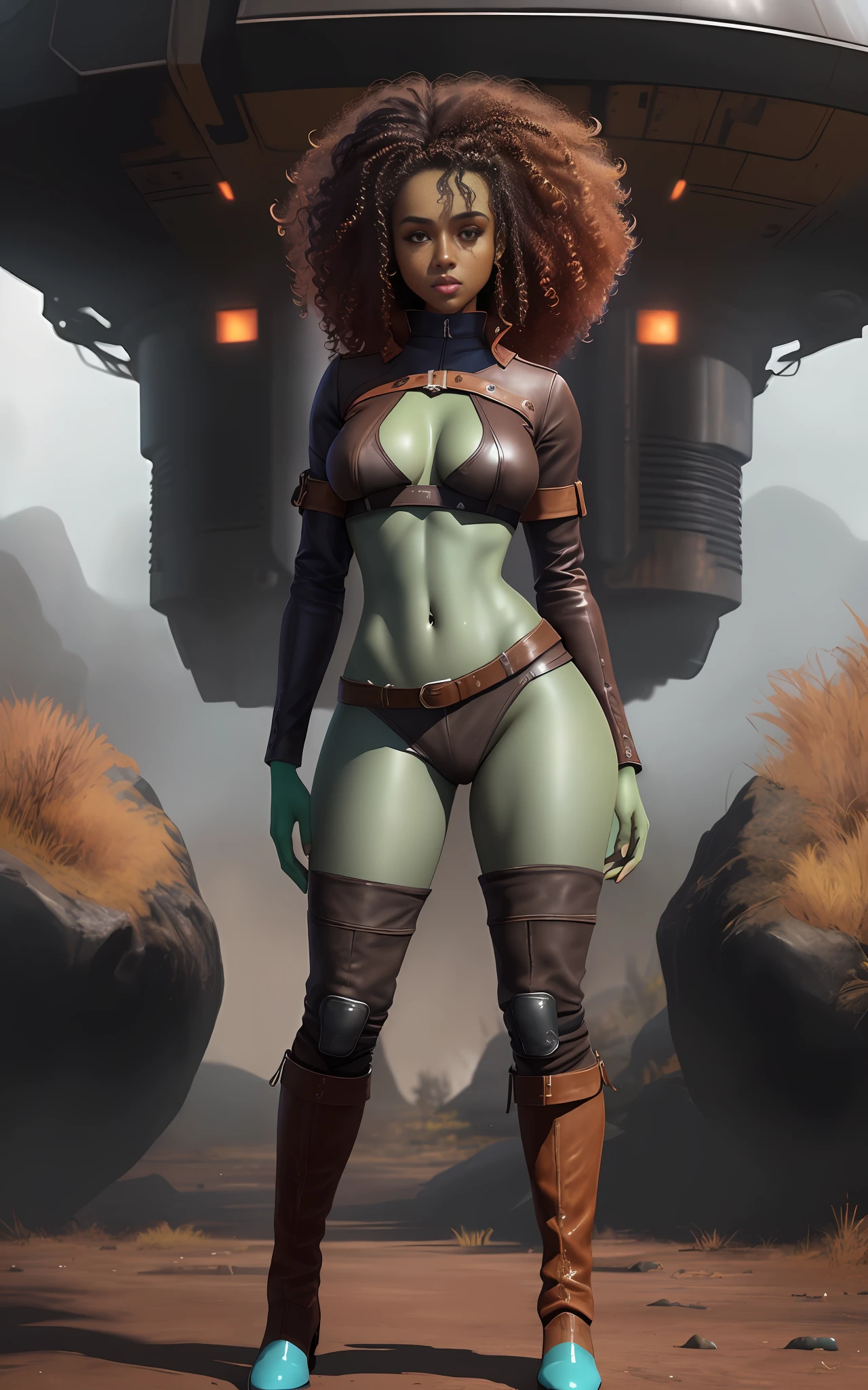 ((An attractive woman with brown skin with curly hair, model body)), (witch rpg), leather boots, rpg style, full body, standing in natural pose, transparent clothes, scenery of an abandoned and dark spaceship, GameStation style:1, ultra detailed, artstation, 4k resolution