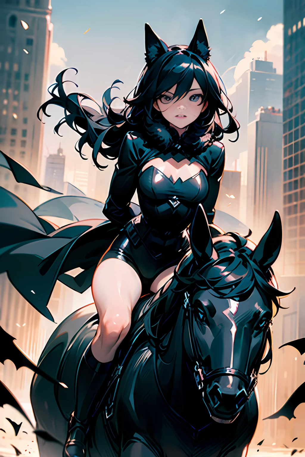 batman and catwoman riding together on the same horse ((a beautiful, strong, shiny fur, black and expressive eyes, Black Steed)), Batman is riding bareback without a saddle on the Black Corvel and Catwoman is sitting in front of him on the Black Steed, are riding in Gotham city municipal park, a beautiful couple on valentine's day, realistic, high definicion, ultra resolution, ultra definicion, detailed, Fujifilm XT3, Dark ilumination, intensity, dramatic, romantic, 64k,