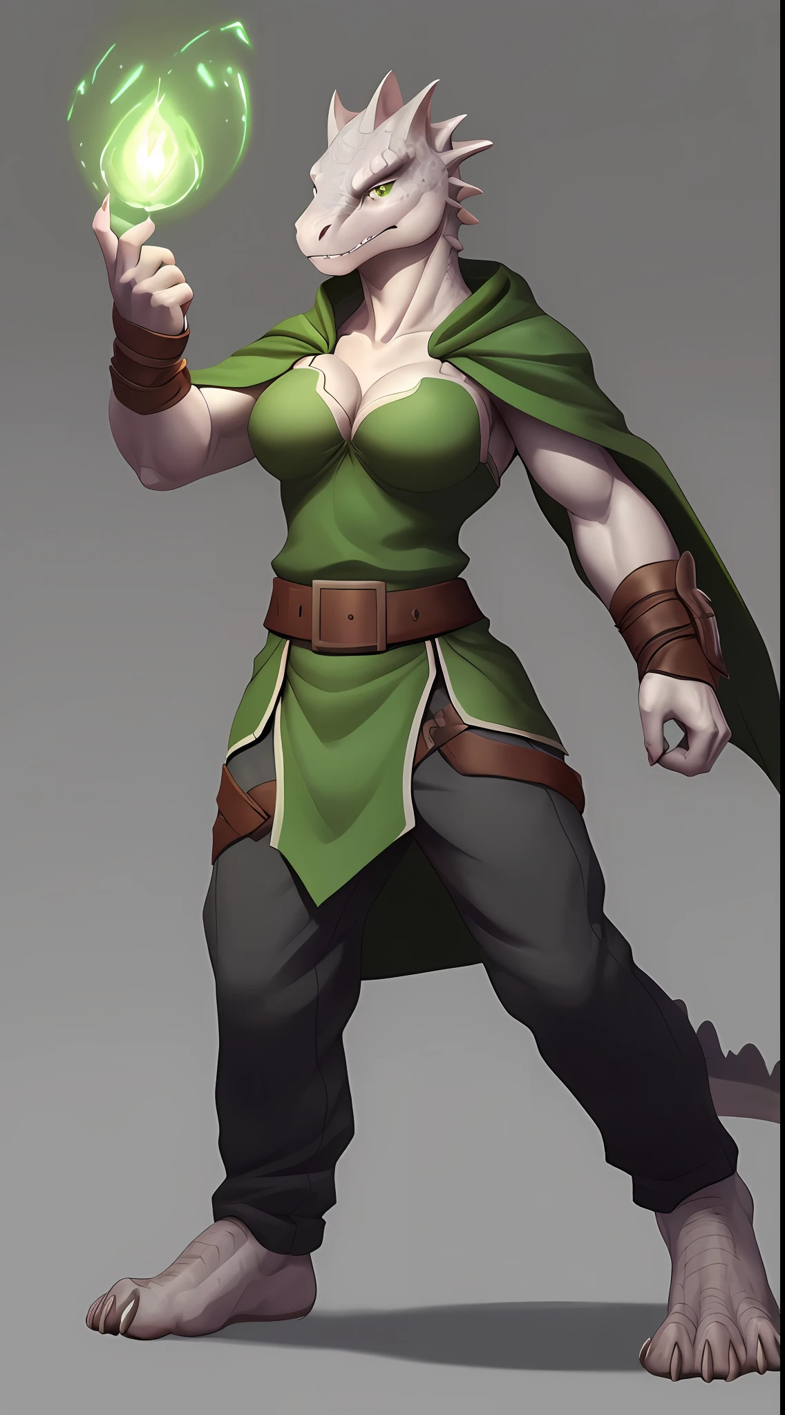 (Lizard), (green), reptile, antro, (wearing tunic), wearing cloak, (wearing cotton pants), high detail, high resolution, raw photo, gray background, cleavage, 1girl, solo, medium breasts, high quality, hi res, sharp, detailed body, detailed, cartoony, ((holding magic)), ((looking at viewer)), (angry), mad, t full body, whole body, ((full body portrait)), far away, (((full body concept))), attack pose, battle pose, average body, slim, weak, thin, skinny, small waist