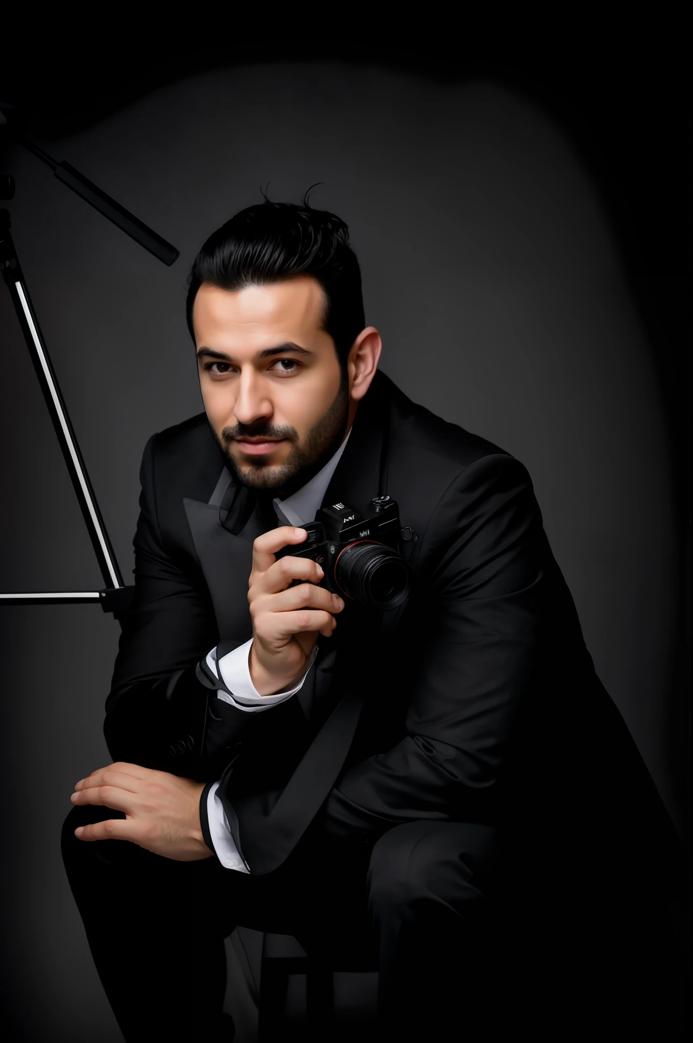 arafed man in a black suit holding a camera and posing for a picture, photography portrait, photoshoot portrait, profile photography, professional photographer, raphael personnaz, high quality portrait photoshoot, professional photography, professional photoshoot, photography portrait 4 k, photographic portrait, professional photoshooting, michal mraz, studio portrait photo, professional portrait photo, dslr 5 0 mm portrait photo