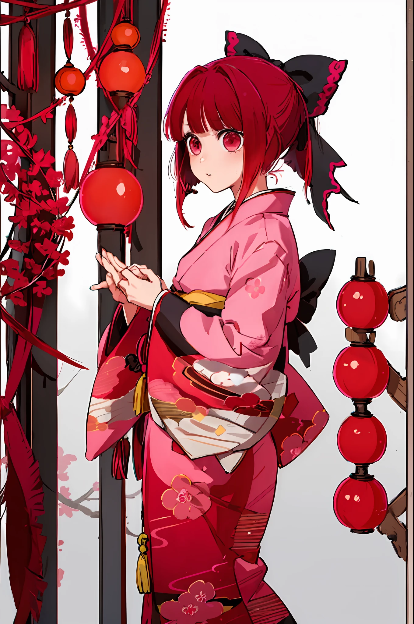 1girl kimetsu no yaiba style, red hair, forehead, hair ribbon, japanese clothes, kimono, multicolored hair, pink eyes, red kimono, pink ribbon, ribbon, very long hair,  gagged, bit gag,  ((masterpiece))