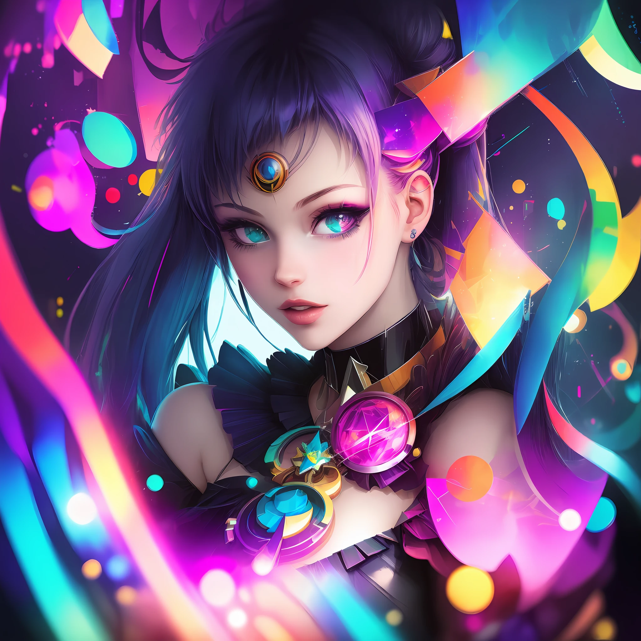 glitchcore, (abstract, glitched, artefact), collage, solo, portrait, colorful, rainbow, sailormoon