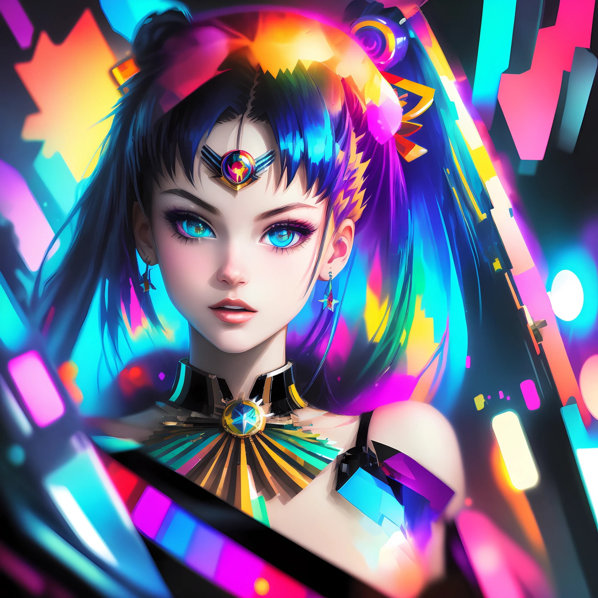 glitchcore, (abstract, glitched, artefact), collage, solo, portrait, colorful, rainbow, sailormoon