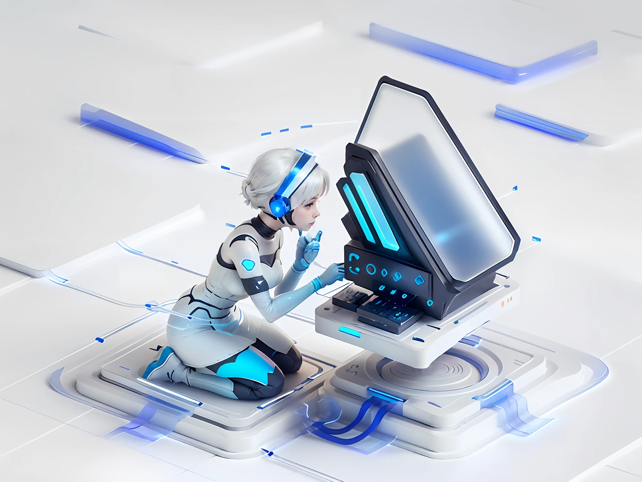 (((translucent matte texture))), ((elegant, left front and side view, female engineer tapping screen)), ((2B)), (((tech style)), ((single plain white background)), ((blue natural gradient)), ((best image quality))