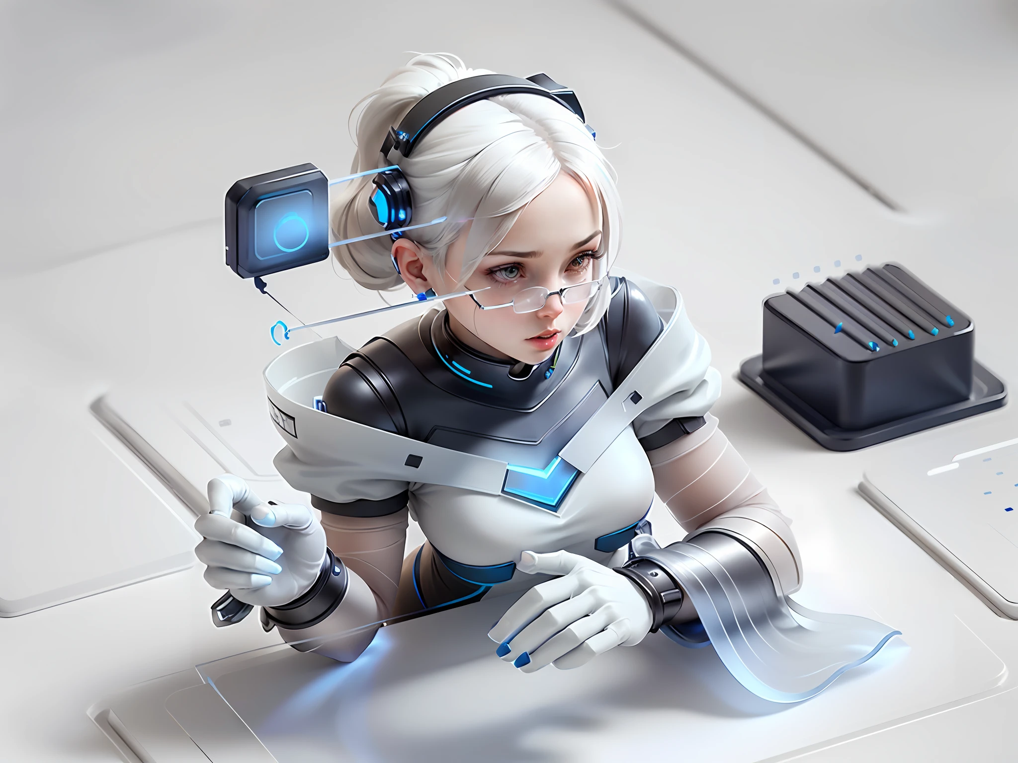 ((translucent matte texture)), (((a female engineer tapping the screen, facing the left side of the front, elegant)), 2B, office, main image monochrome gradient, best quality, pure white background, (blue natural gradient), 2B illustration, technological, normal hands, normal limbs