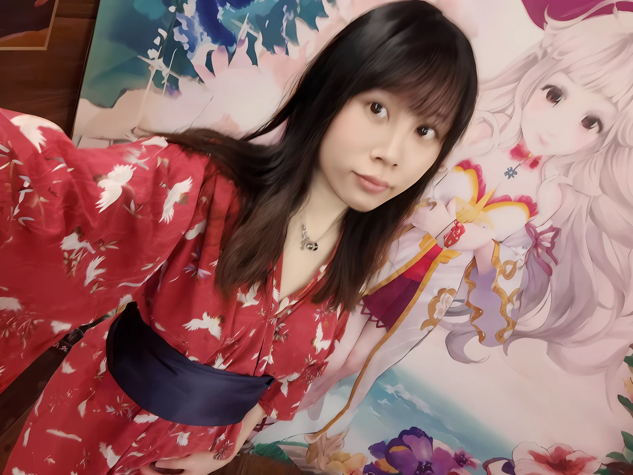 There is a woman in a kimono standing next to a painting, Yoshitomo Nara, Sakimi Chan, Natsumi Mukai Artwrok, Chiho, Ayami Kojima Amano, inspired by Shigenobu Yanagawa, Takeyuki Kanda, Sakimichan, wearing a kimono, Chiho Aoshima, by the sea