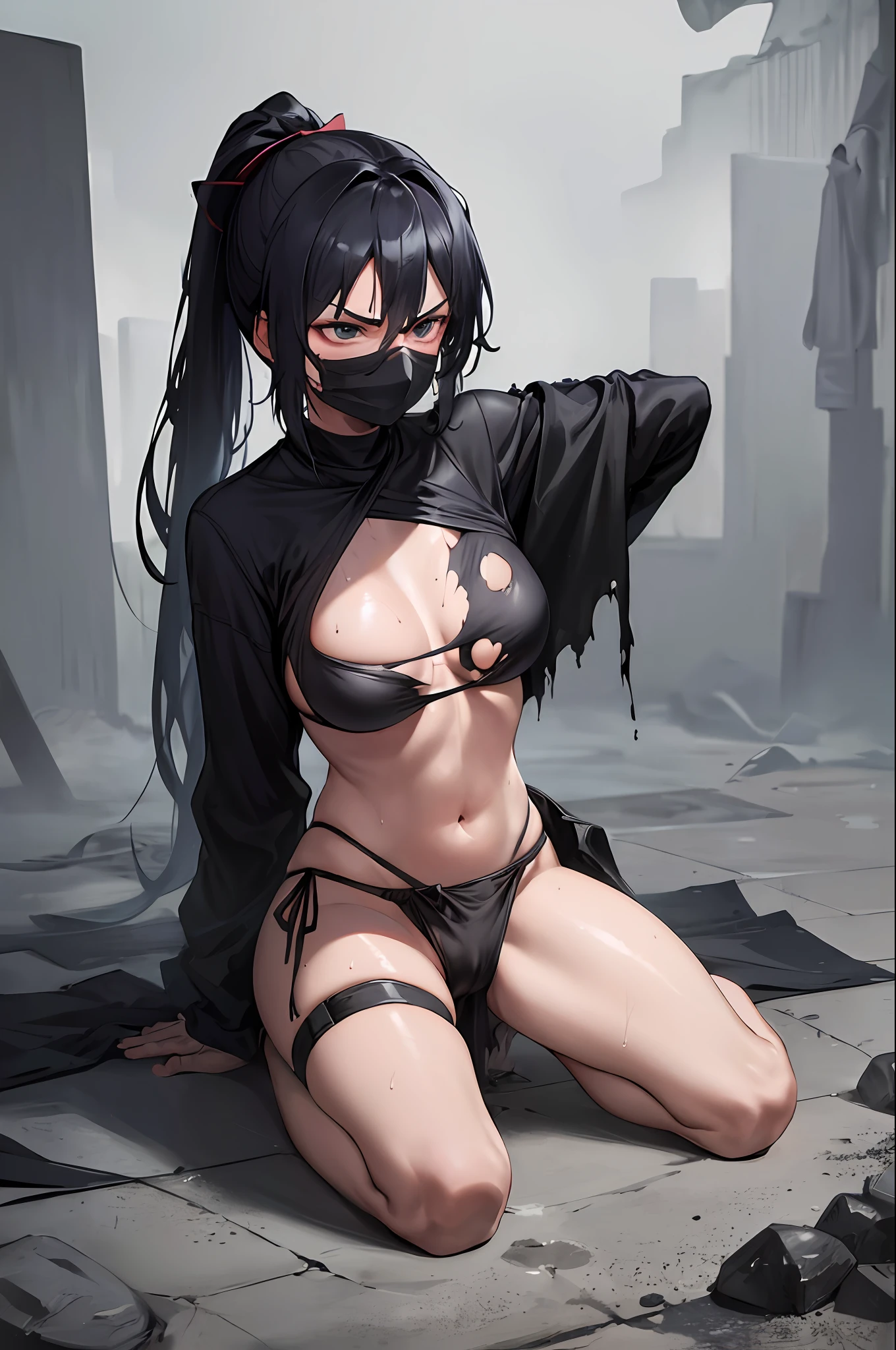 Prisoner of war, ninja, ponytail, black mask, medium breasts, torn clothes, cloth wrapped around chest, restraint, angry, slanted eyes, rope, full body wet, wet crotch, wet thighs, watery eyes , shy