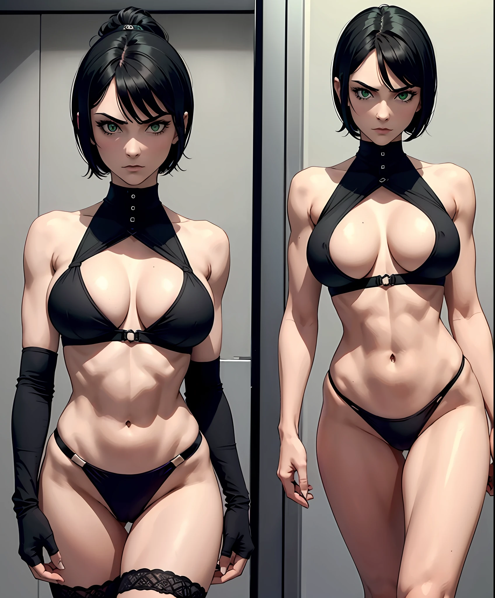 a goth, pretty face, serious face, short black hair, green eyes, perfect body, fit body, abdomen, big breasts, muscular, extra small black thong