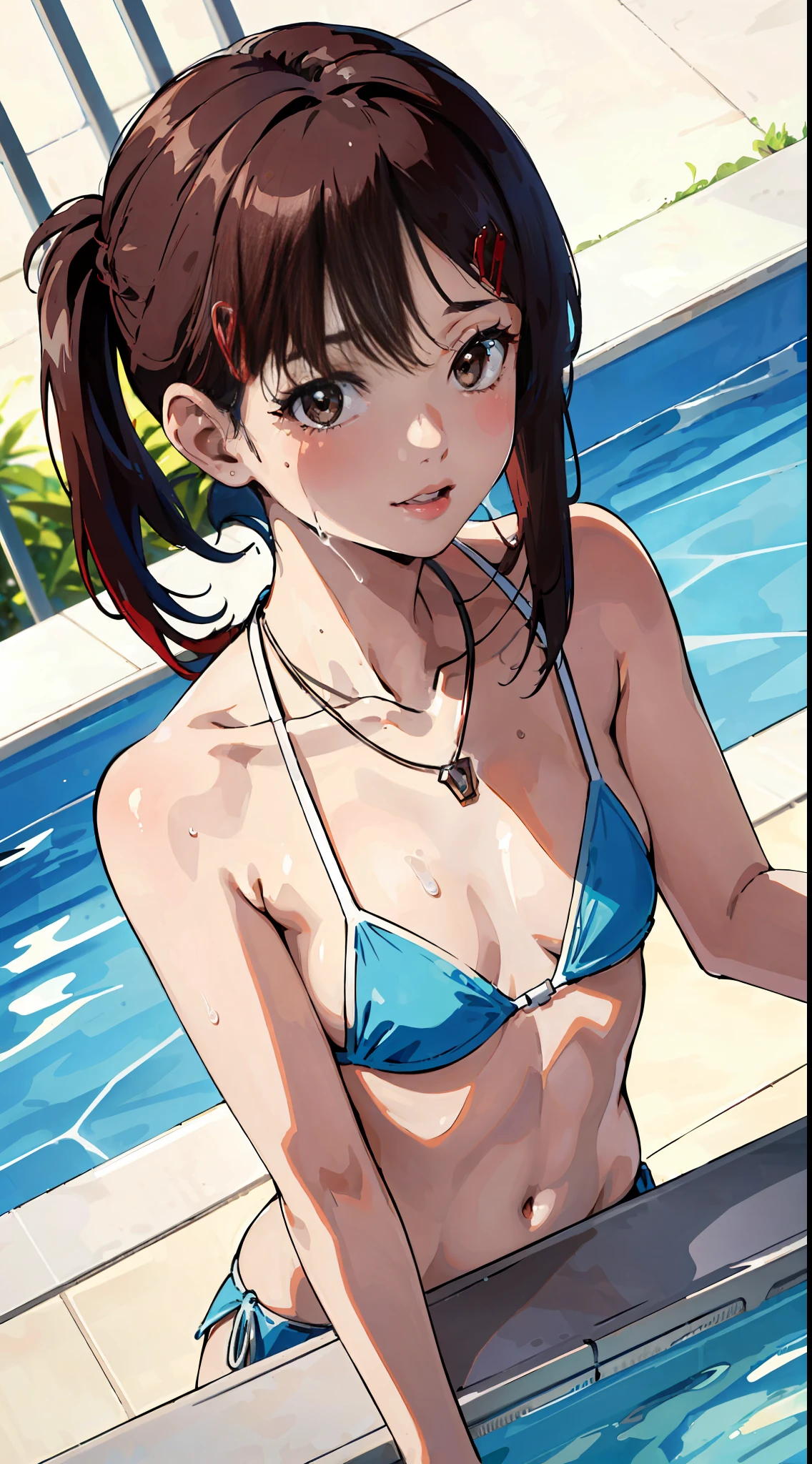 Best quality, high resolution, unique picture, 1woman, bikini, pool, wet, small breasts, ponytail with bangs hair, necklace, white skin, brown eyes, blue hair