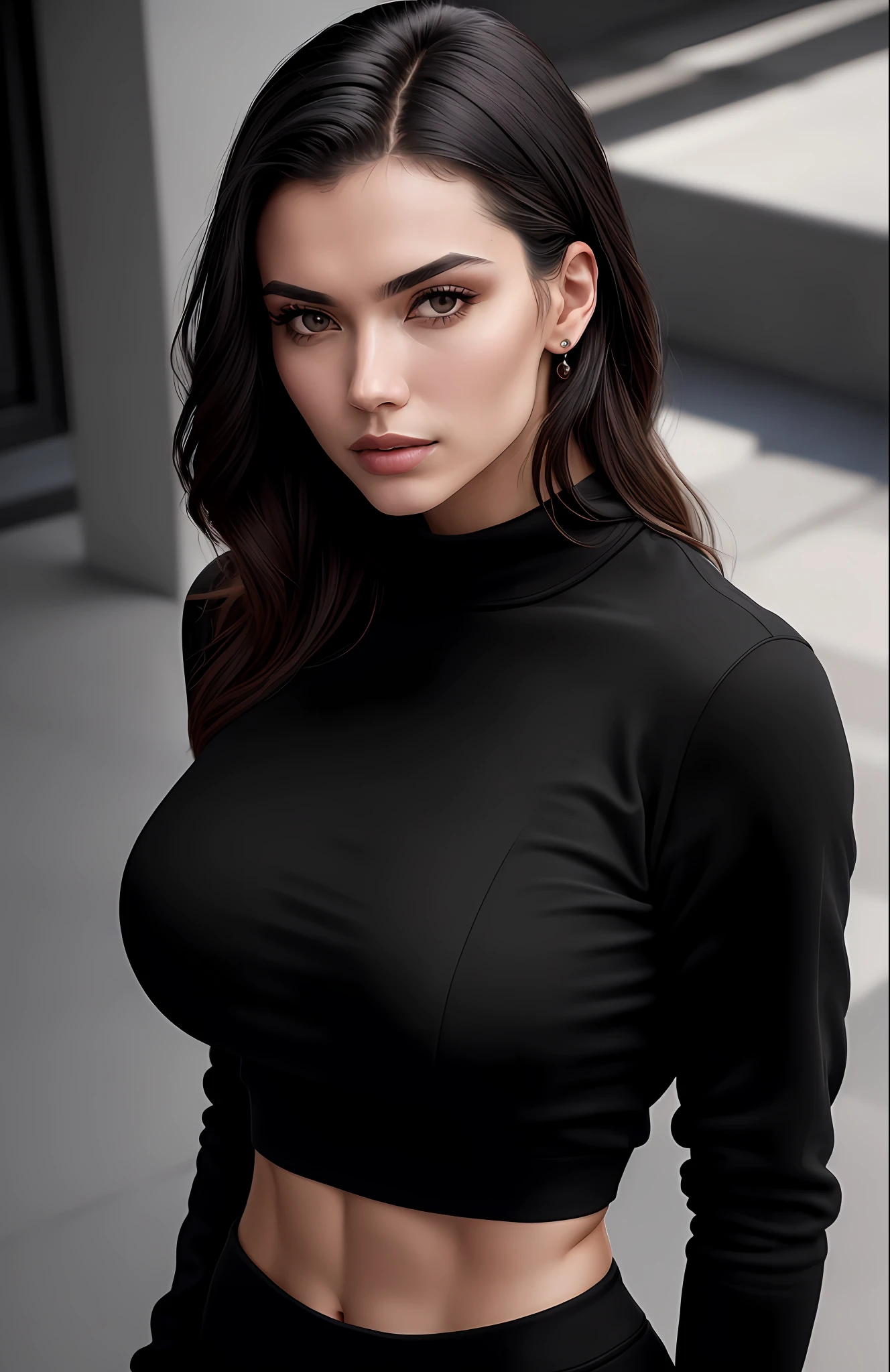 high angle photo of a gorgeous young woman in the style of stefan kostic,abs, realistic skin texture, looks up,black sweatshirt, 1 / 2 body crop, 8 5 mm art lens, f 1. 2, sharp focus, 8 k high definition, insanely detailed, intricate, elegant, art by stanley lau and artgerm