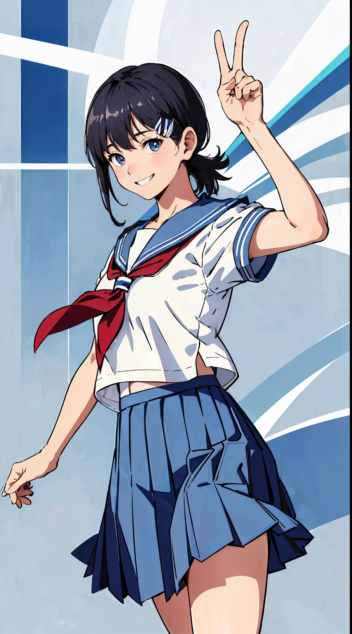 masterpiece, best quality, highres, ym1, blue sailor collar, blue skirt, short sleeves, white shirt, white socks, serafuku, pleated skirt, school uniform, blue neckerchief, smile, from side,