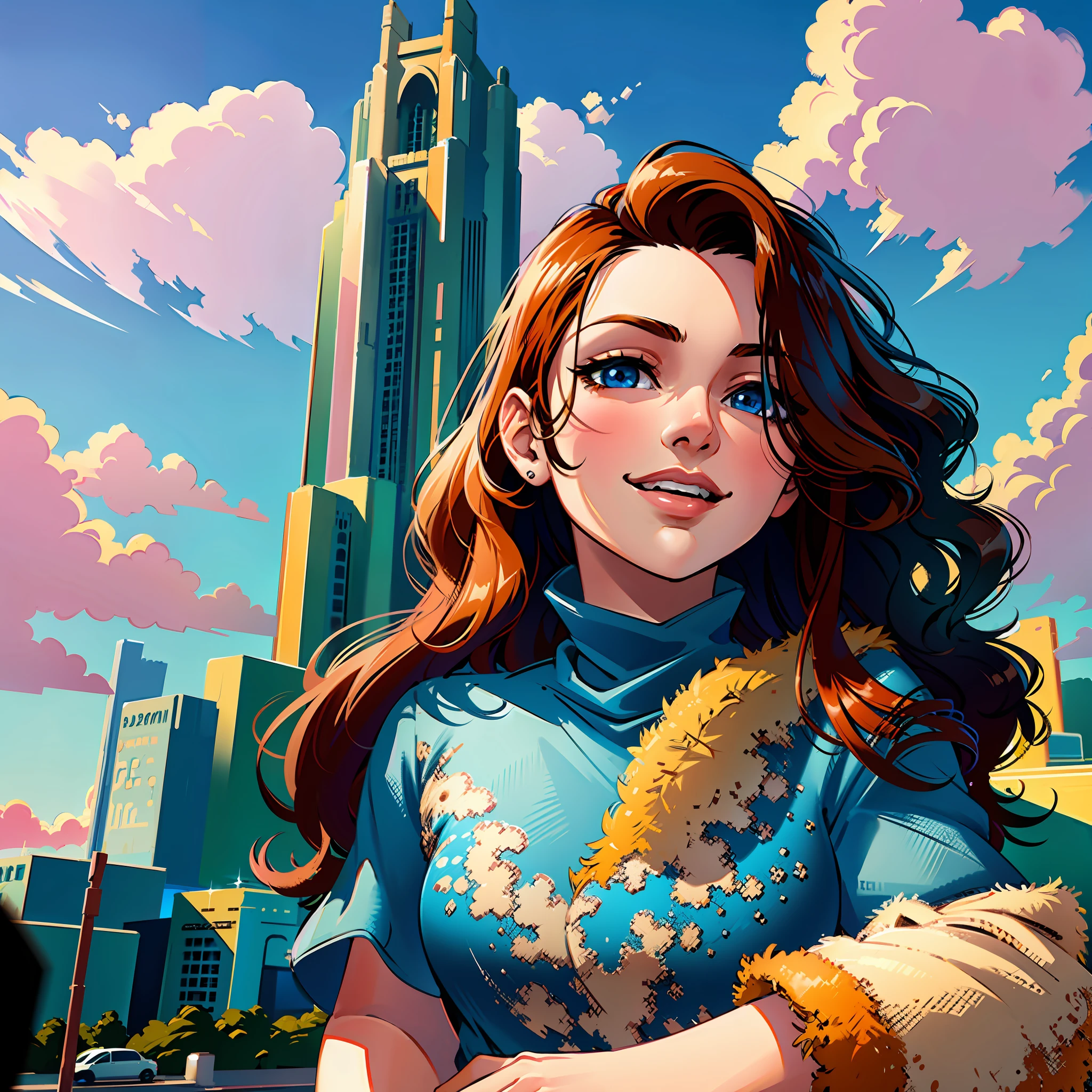 (masterpiece),(best quality:1.0), (ultra high resolution:1.0), detailed illustration, 8k, 1girl, anime girl dressed in brown sweater, smiling, detailed face, perfect face, anime eyes, detailed eyes, blue eyes, eye glare, detailed hair, brown hair, hair highlights, very detailed, anime style, subdued light