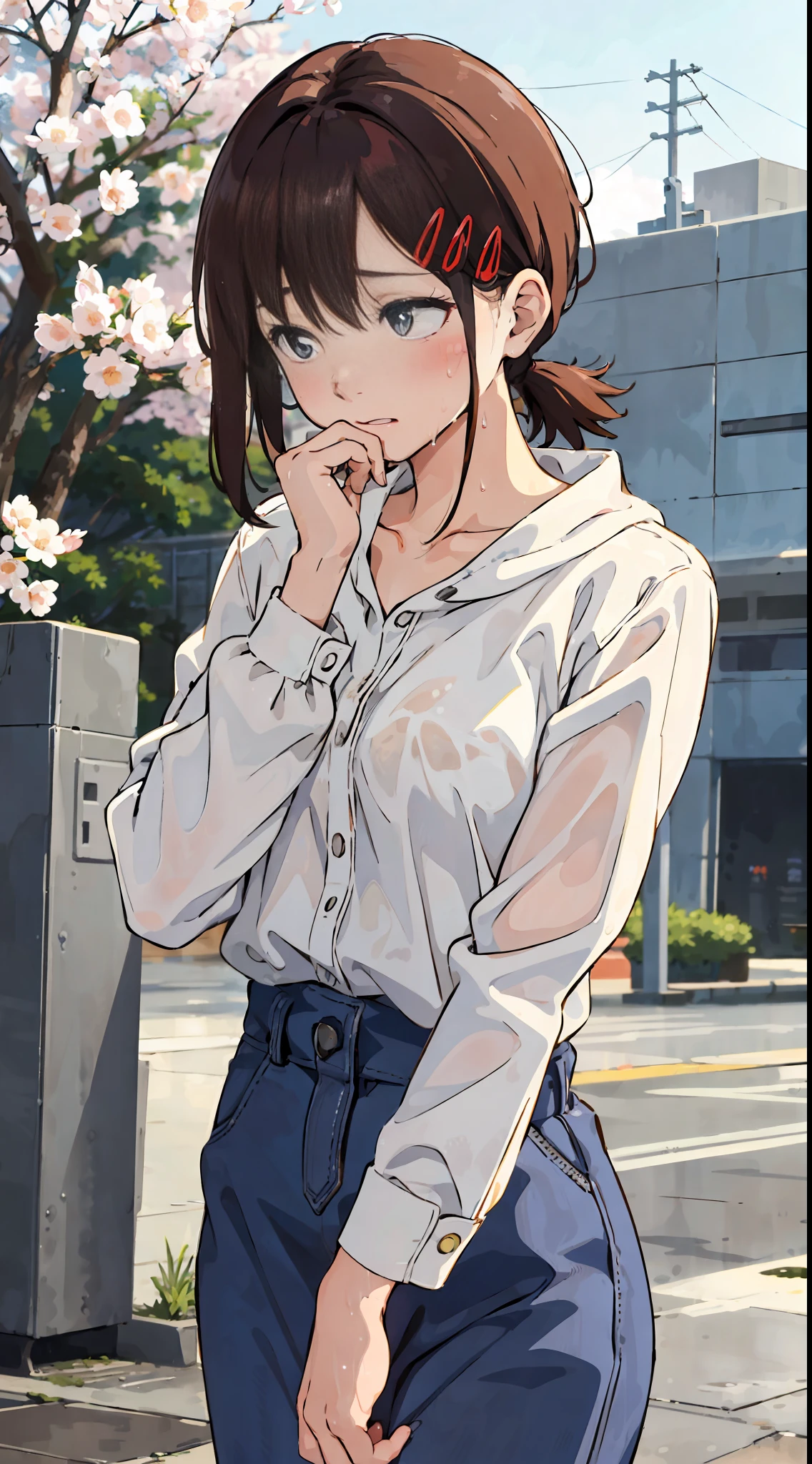 Best quality, detailed background, girl, spring, shy, solo, breathing, wet: 0.6, tired