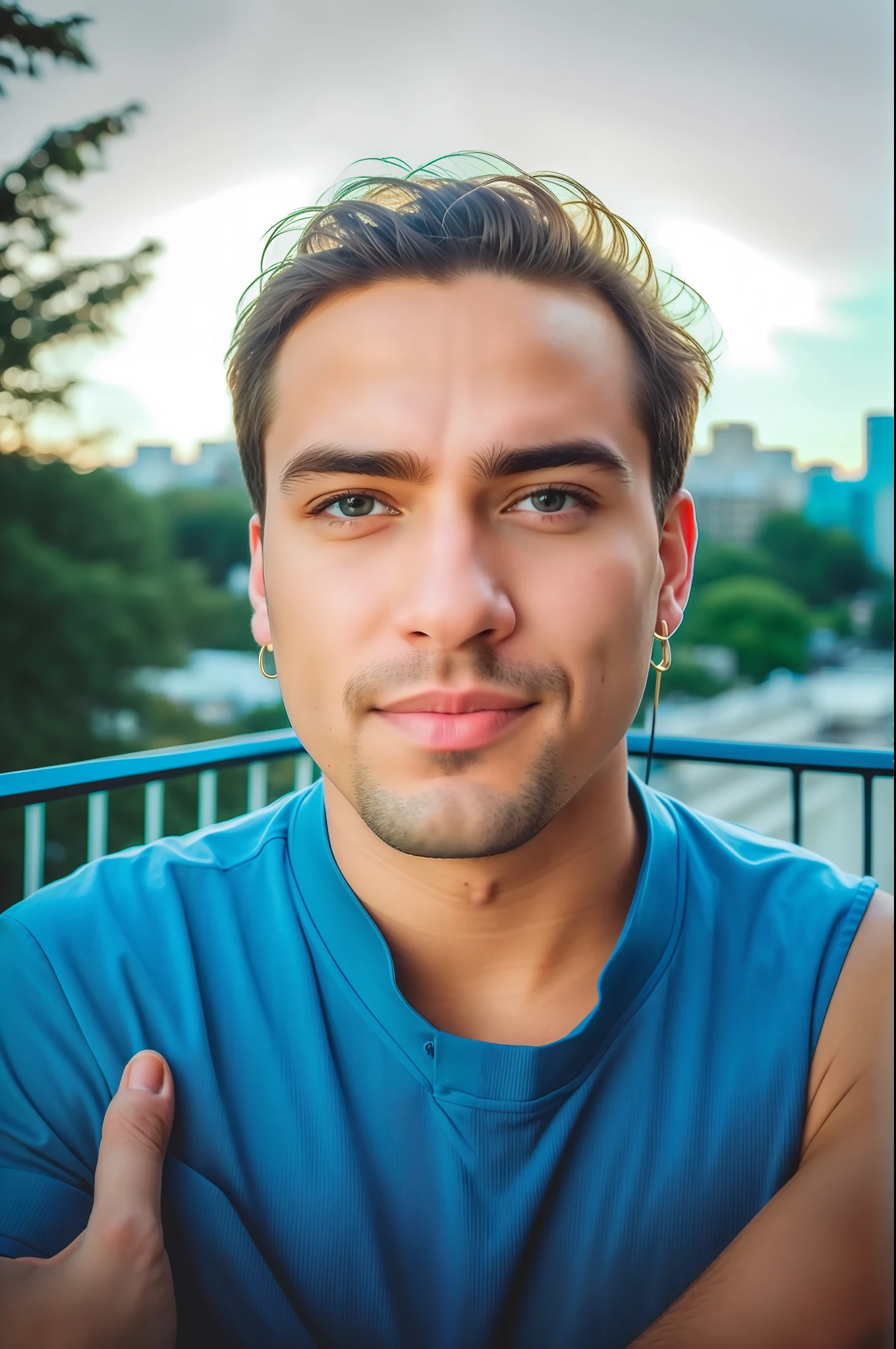 there is a man that is posing for a picture on a balcony, with accurate face, 8k selfie photograph, detailed unblurred face, wide - angle portrait, portrait shot 8 k, wideangle portrait, good looking face, portait photo profile picture, harsh good looking face, face picture, selfie photo, face photo, portrait mode photo