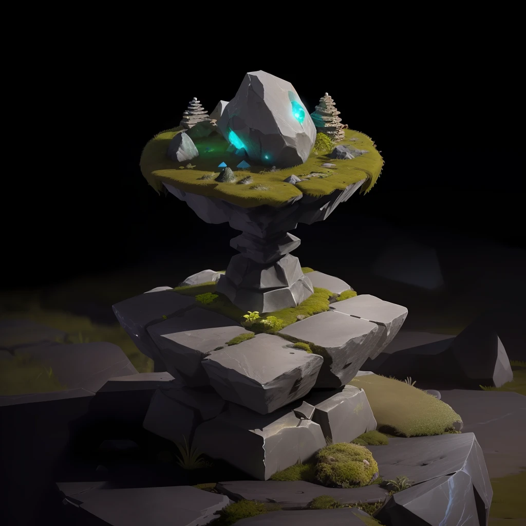 stone with some spikes and unregulated structure. some lights come out of it. At some points the stone is covered by a bit moss. On the stone is a small solar system with the sun, earth, mars, Jupiter. The entire thing is like a model and stands alone on a wood table. Blurred dark background.
