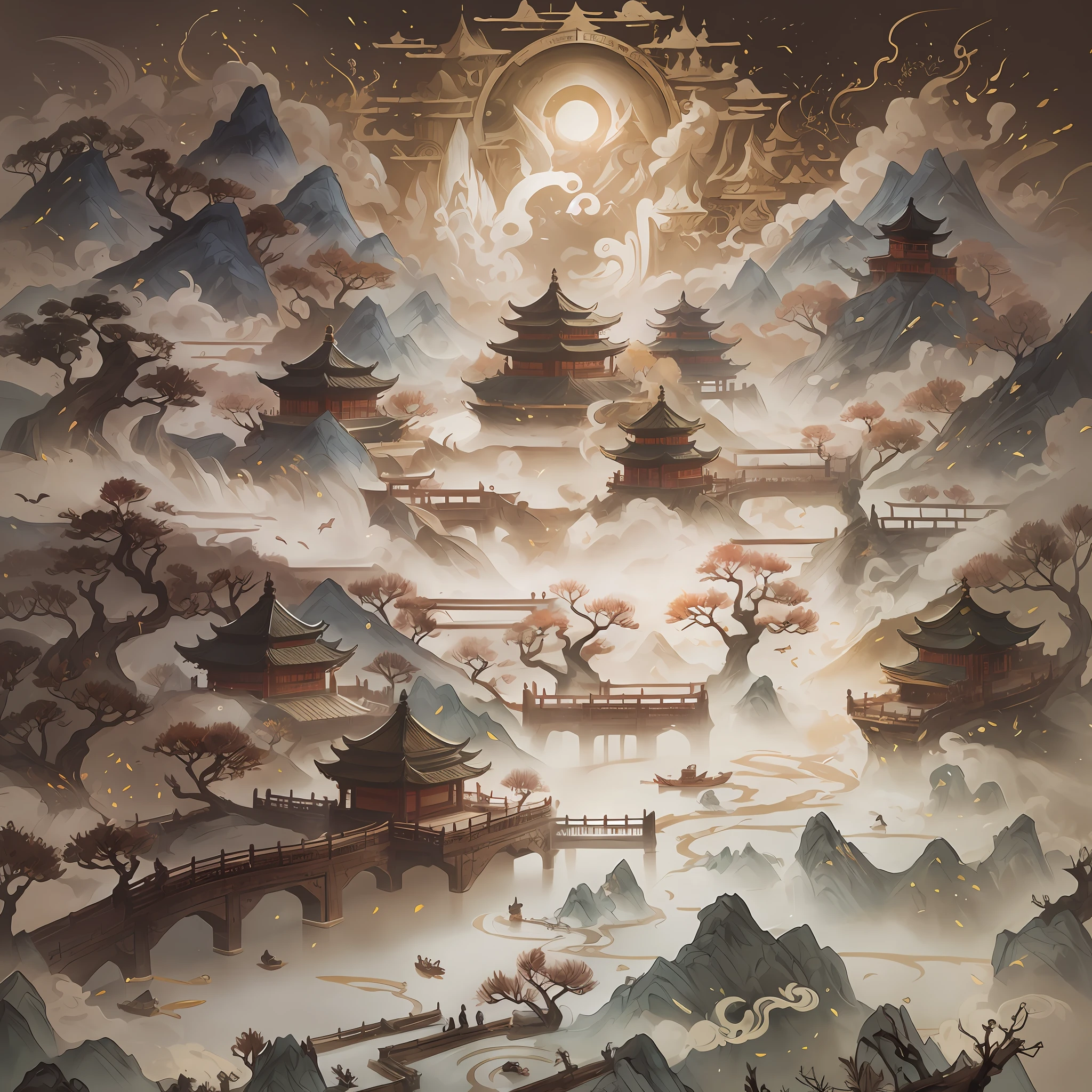 Landscape painting with pagoda and mountains as background, the central part is the Great White Pagoda of Wutai Mountain, Fantastic Chinese Town, Chinese Fantasy, Cyberpunk Chinese Ancient Castle, Beautiful Art Illustration, Mist, Onmyoji Detailed Art, Detailed Fantasy Illustration, Beautiful Detailed Fantasy, Japanese Fantasy, Magic Fantasy Highly Detailed, Highly Detailed Fantasy Art, Detailed Fantasy Digital Art, Fantasy Highly Detailed, Anime Fantasy Illustration