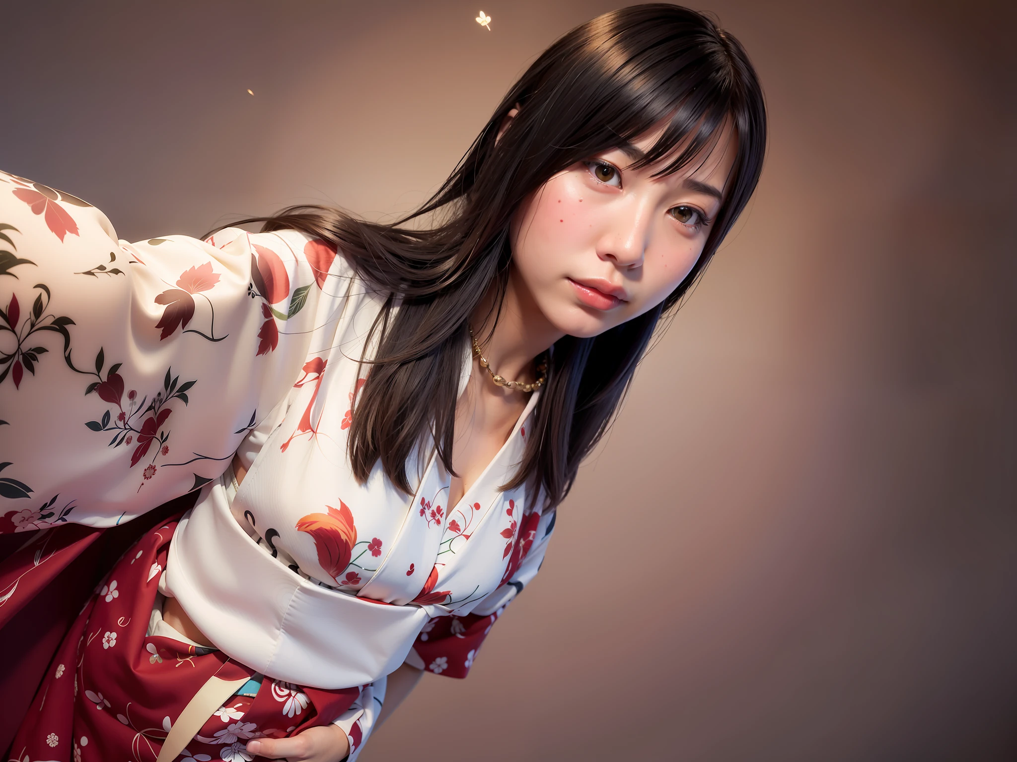 Araki woman in red kimono with blue belt, Chiho, Kimono, Haruki, Mimi Shigami, Yoshitomo Nara, Shinsui Ito, Shiori Tegi, Narumi Kakiuchi, Mimi Sauce, Yui Kotegawa, Hidehide Ishida, Mitsujin, Fashion Model Photography, Strong sense of design, medium scene, long hair, hair accessories, delicate skin, smile, minimalist background, high texture, glare backlight, studio professional lighting
