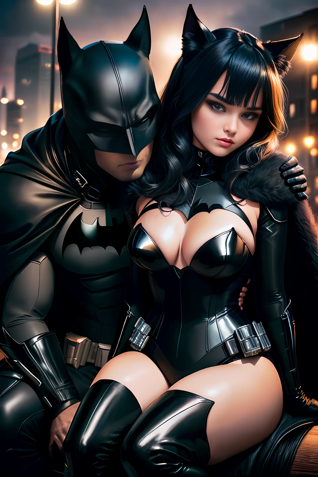 batman and catwoman riding together on the same horse ((a beautiful, strong, shiny fur, black and expressive eyes, Black Steed)), Batman is riding bareback without a saddle on the Black Corvel and Catwoman is sitting in front of him on the Black Steed, are riding in Gotham city municipal park, a beautiful couple on valentine's day, realistic, high definicion, ultra resolution, ultra definicion, detailed, Fujifilm XT3, Dark ilumination, intensity, dramatic, romantic, 64k,